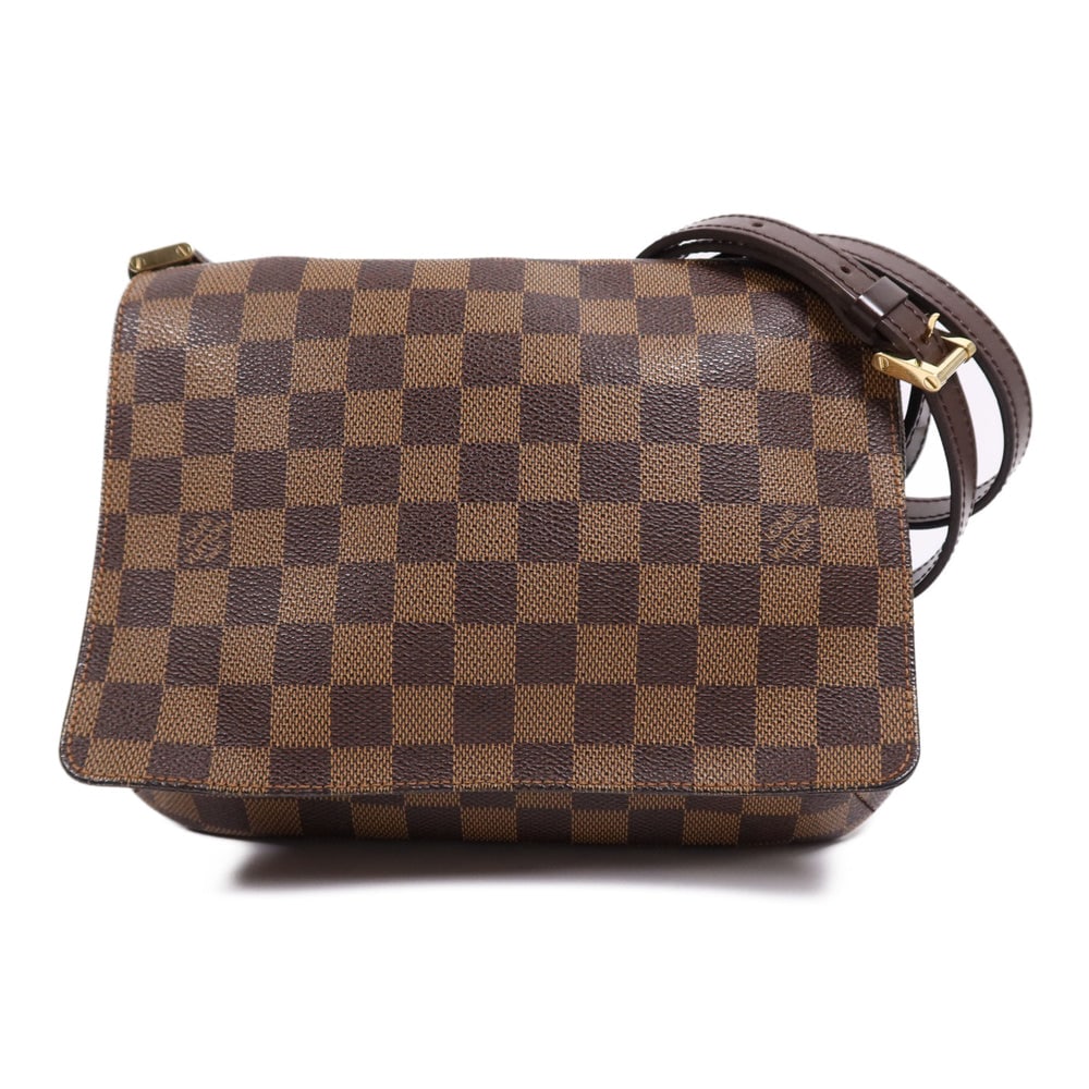 Louis Vuitton Musette Tango Damier Bag: Authenticated genuine Louis Vuitton Musette Tango shoulder bag in brown Damier PVC coated canvas with gold-tone hardware. Includes storage bags. Product no. LM0063. Approx. W26 x H19 x D3 cm;