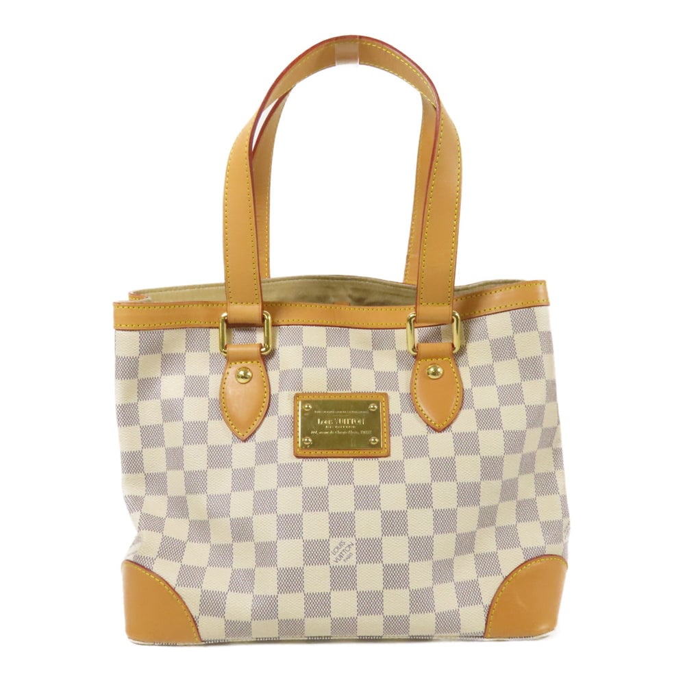 Louis Vuitton Hampstead PM Damier Azur: Authenticated genuine Louis Vuitton Hampstead PM shoulder tote in white Damier Azur PVC coated canvas with gold-tone hardware. Product no. MI3098. Approx. W28 x H23 x D18 cm, handle 48 cm.