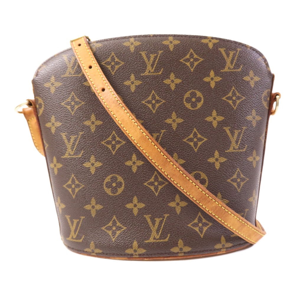 Louis Vuitton Drouot Monogram Bag: Authenticated genuine Louis Vuitton Drouot shoulder bag in brown Monogram PVC coated canvas. Product no. VI0011. Approx. W24 x H22 x D10 cm; shoulder adjusts from 114 to 132 cm. No accessories listed.