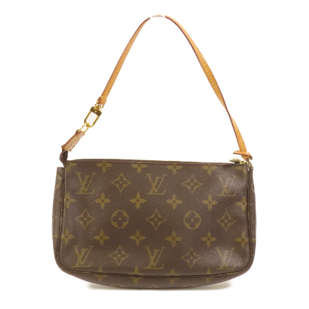 Louis Vuitton Pochette Accessoires: Authenticated genuine Louis Vuitton Pochette Accessoires pouch handbag in brown Monogram PVC coated canvas with gold-tone hardware. Product no. AR0030. Approx. W21 x H13 x D2.5 cm with 33 cm handle.