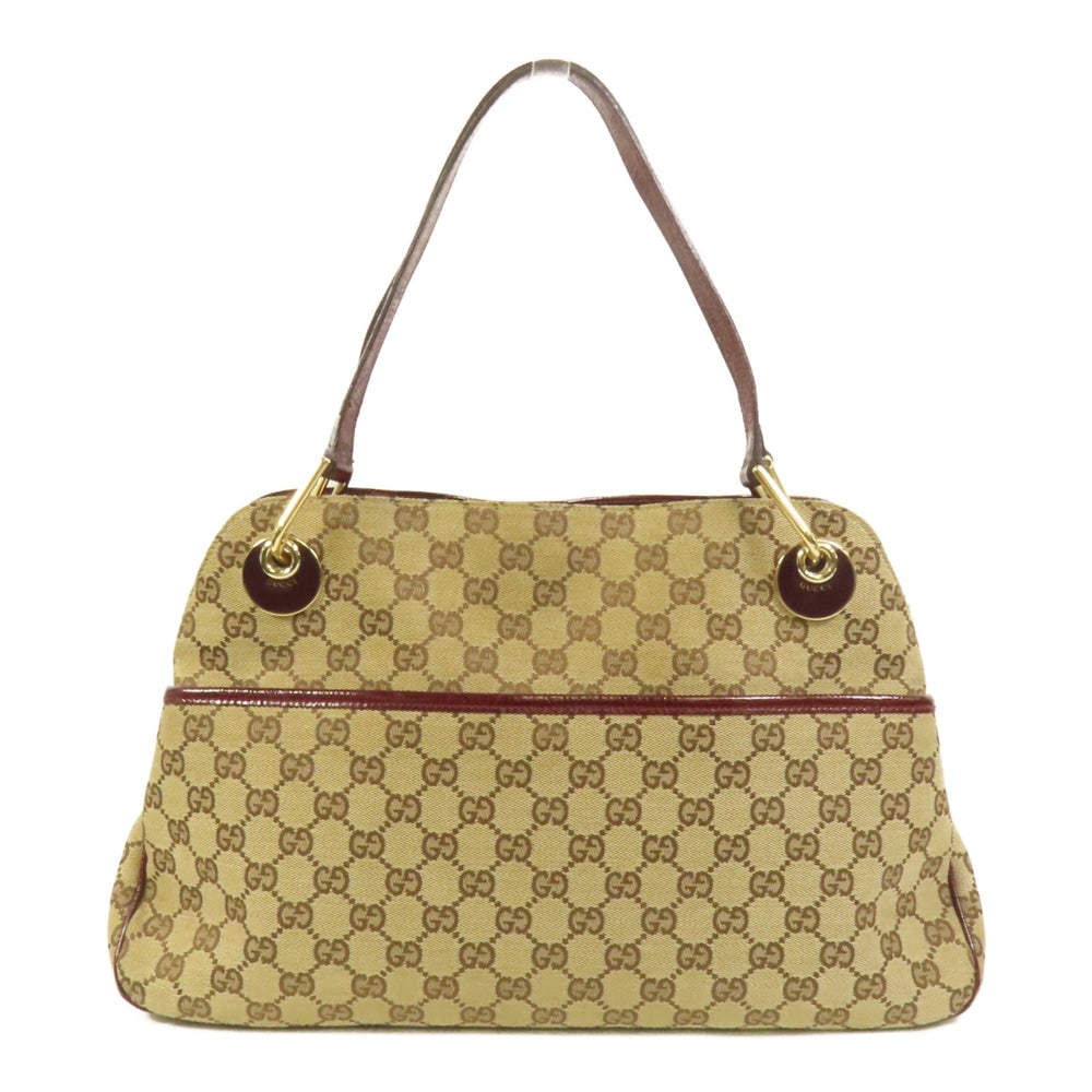 Gucci GG Canvas Brown Shoulder Bag: Authentic and authenticated Gucci shoulder bag in brown and red GG canvas. Product no. 204991. Approx. 30-39W x 21H x 7D cm with 49 cm shoulder strap. Includes storage bags.