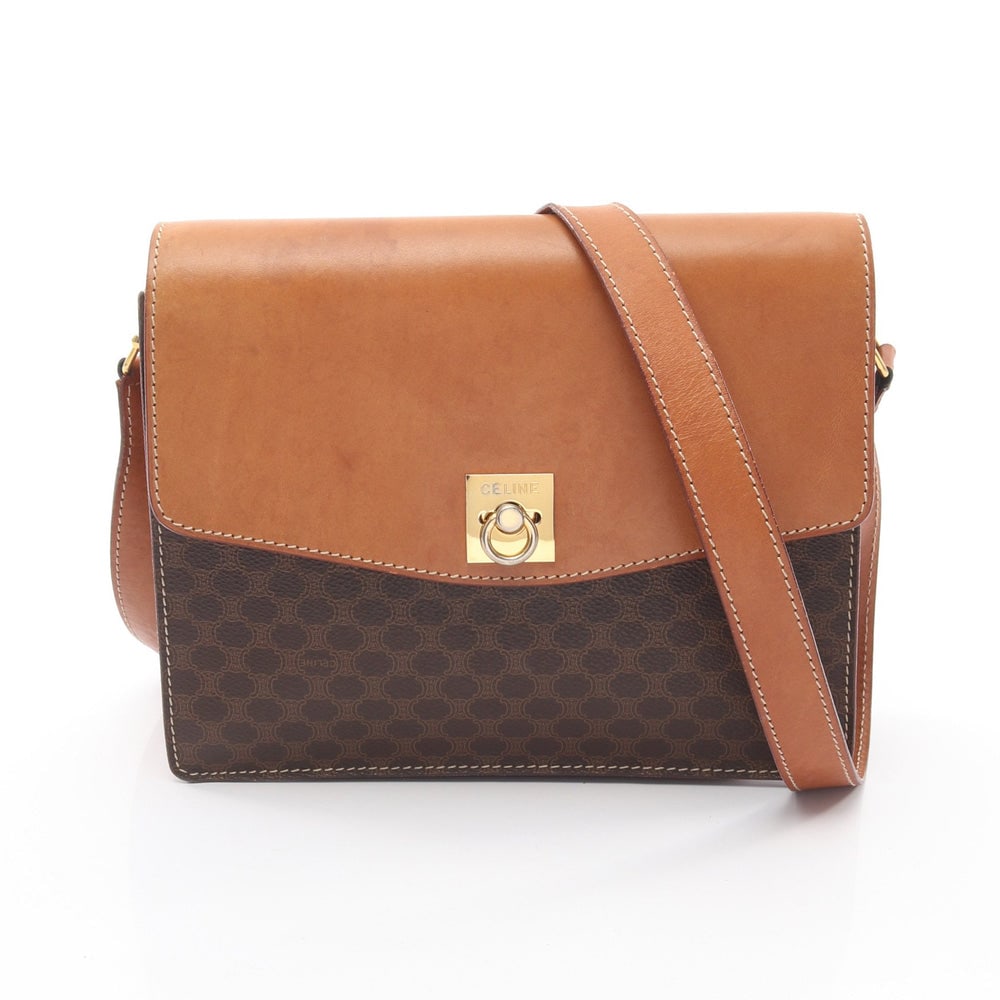 Celine Macadam Shoulder Brown: Celine Macadam Shoulder Bag. Color: Dark Brown Light Brown. Material: Pvc Leather. Size: 24.5 X 20 X 5/5 Cm. Strap: 100-114 Cm.