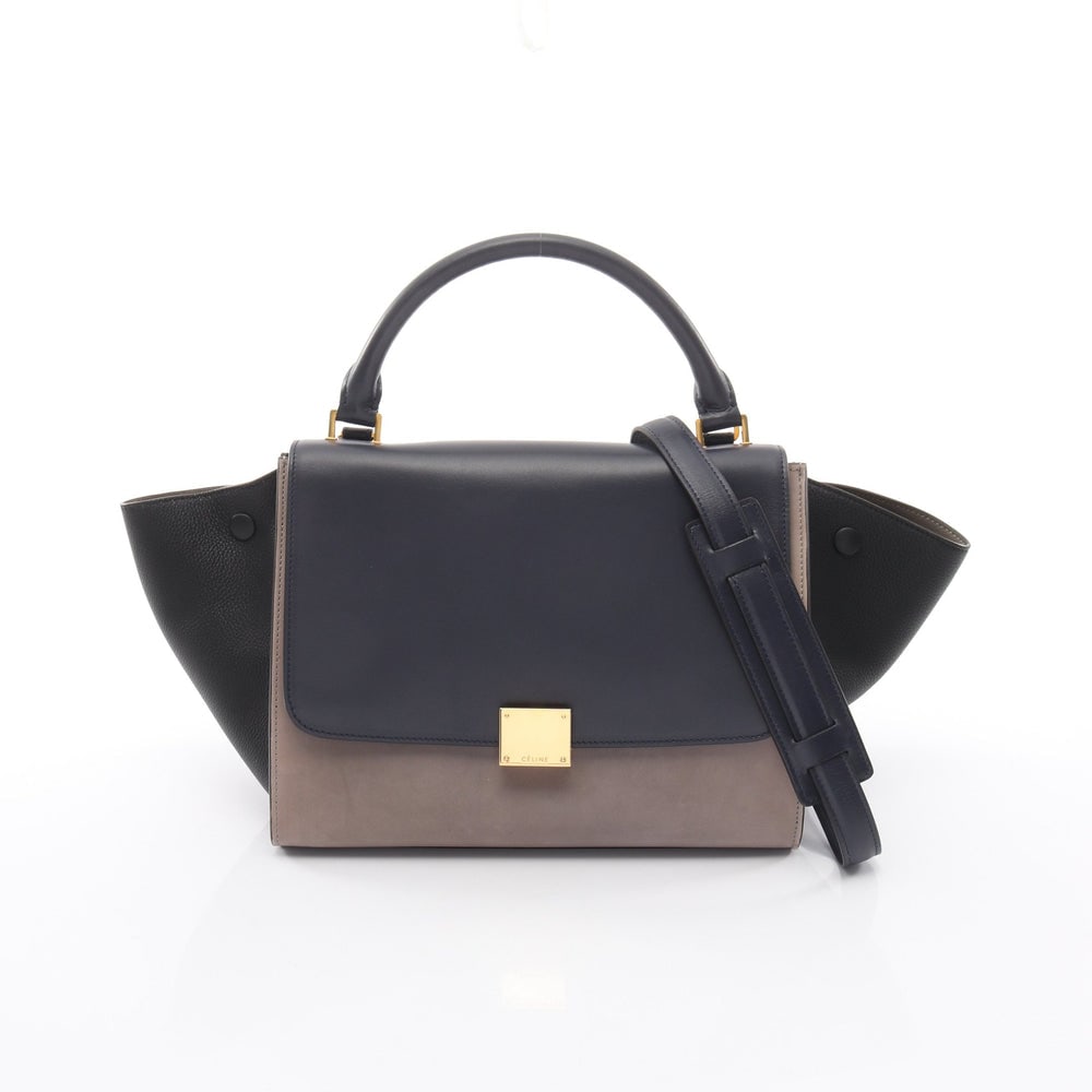 Celine Trapeze Small 2WAY Navy: Authentic and authenticated Celine Trapeze Small 2WAY handbag in navy, gray, and black leather. Model 174683. Approx. 22H x 47/27W x 14D cm with 33 cm handle and 78 cm strap.