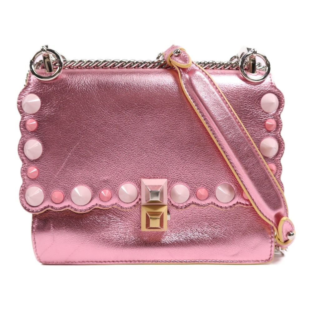 Fendi Kan I Chain Shoulder Bag: Authentic and authenticated Fendi Kan I chain shoulder bag in pink calfskin. Product no. 179-0241. Approx. 19W x 15H x 8D cm with 64.5-111.5 cm strap. No accessories listed.