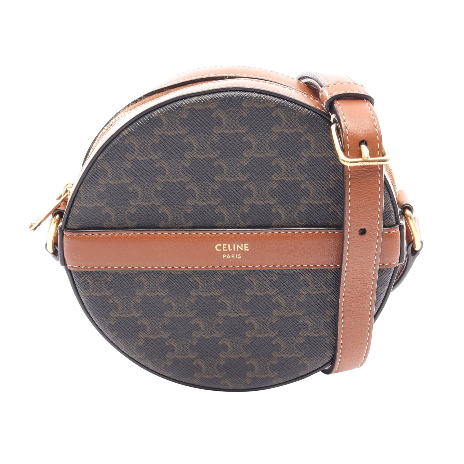 Celine Round Purse Triomphe: Round Purse Triomphe shoulder bag in black and brown PVC and leather. Size 14 x 14 x 4 cm.