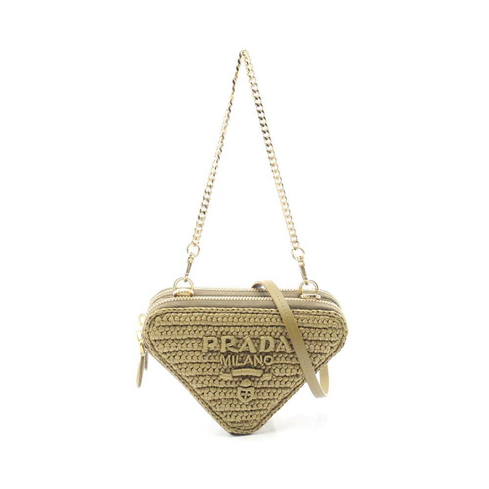 Prada Mini Contenitori Raffia Bag: Khaki green raffia and leather 2Way chain handbag. Includes shoulder strap. 15 x 10 x 2 cm.