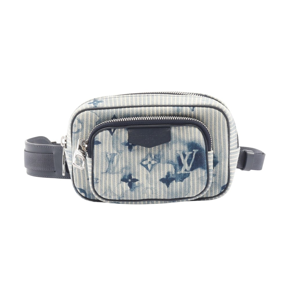 Louis Vuitton Outdoors Pochette: Authenticated genuine Louis Vuitton Outdoors Pochette Hickory Stripe Watercolor Summer Collection body bag in light blue navy canvas and leather, model M80462. RFID product number. Approx. H10 x W16