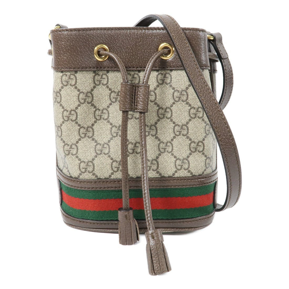 Gucci Ophidia Mini Bucket Brown: Ophidia Mini Bucket shoulder bag in brown coated canvas. Includes storage bags. Size 15.5 x 19 x 8.5 cm.