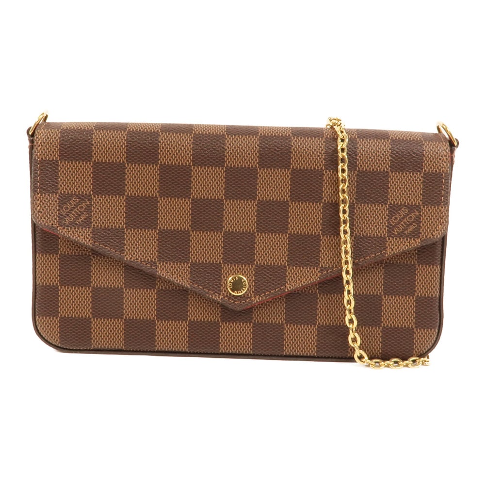 LV Felicie Pochette Damier Brown: Felicie Pochette chain shoulder bag in brown Damier coated canvas. Includes shoulder strap, pouch, and case. Size 21 x 12.5 x 3 cm.