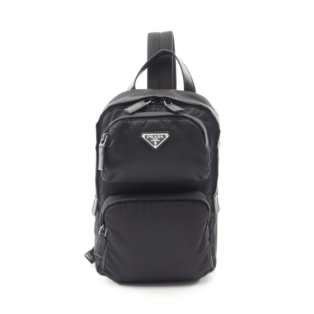 Prada Re-Nylon Body Bag Black: Black nylon and Saffiano leather Re-Nylon body bag. Approx. 20 x 30 x 4 cm; strap 75-114 cm; handle 19 cm. Model 2VZ105. Authentic and authenticated.