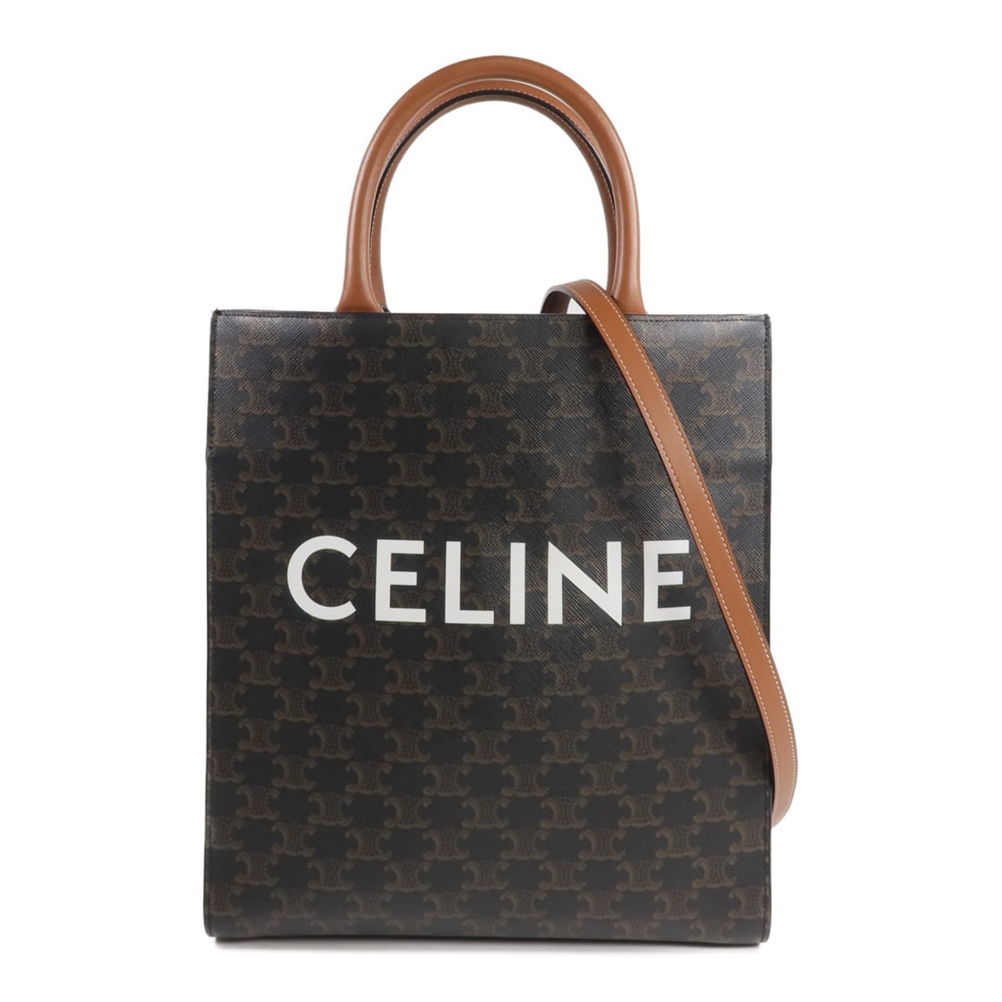 Celine Triomphe Cabas Vertical: Triomphe Cabas Vertical 2 way shoulder tote in brown coated canvas with gold hardware. Includes storage bags and shoulder strap. Size 28 x 32 x 7.5 cm.