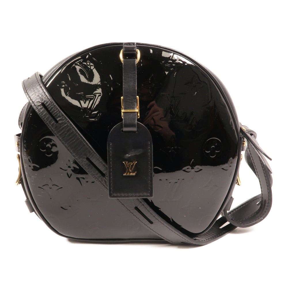 LV Boite Chapeau Souple MM Black: Black Vernis PVC coated canvas Boite Chapeau Souple MM shoulder bag with key, padlock, and name tag. Approx. 22 x 20 x 8 cm; strap 72-134 cm. Product no. PL3199. Authentic and authenticated.