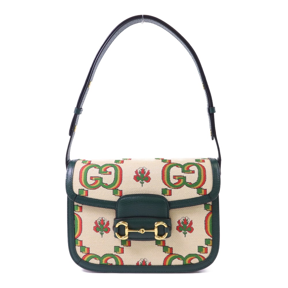 Gucci Horsebit 1955 Medium Bag: Multicolor canvas and leather shoulder bag. Includes storage bag. 25 x 18 x 7.5 cm.