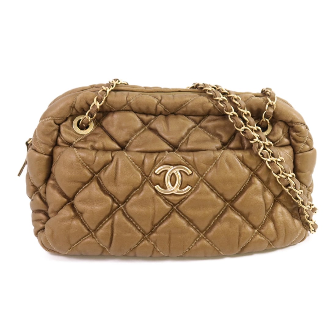 Chanel Chain Shoulder Bag: Gold calfskin chain shoulder bag.
