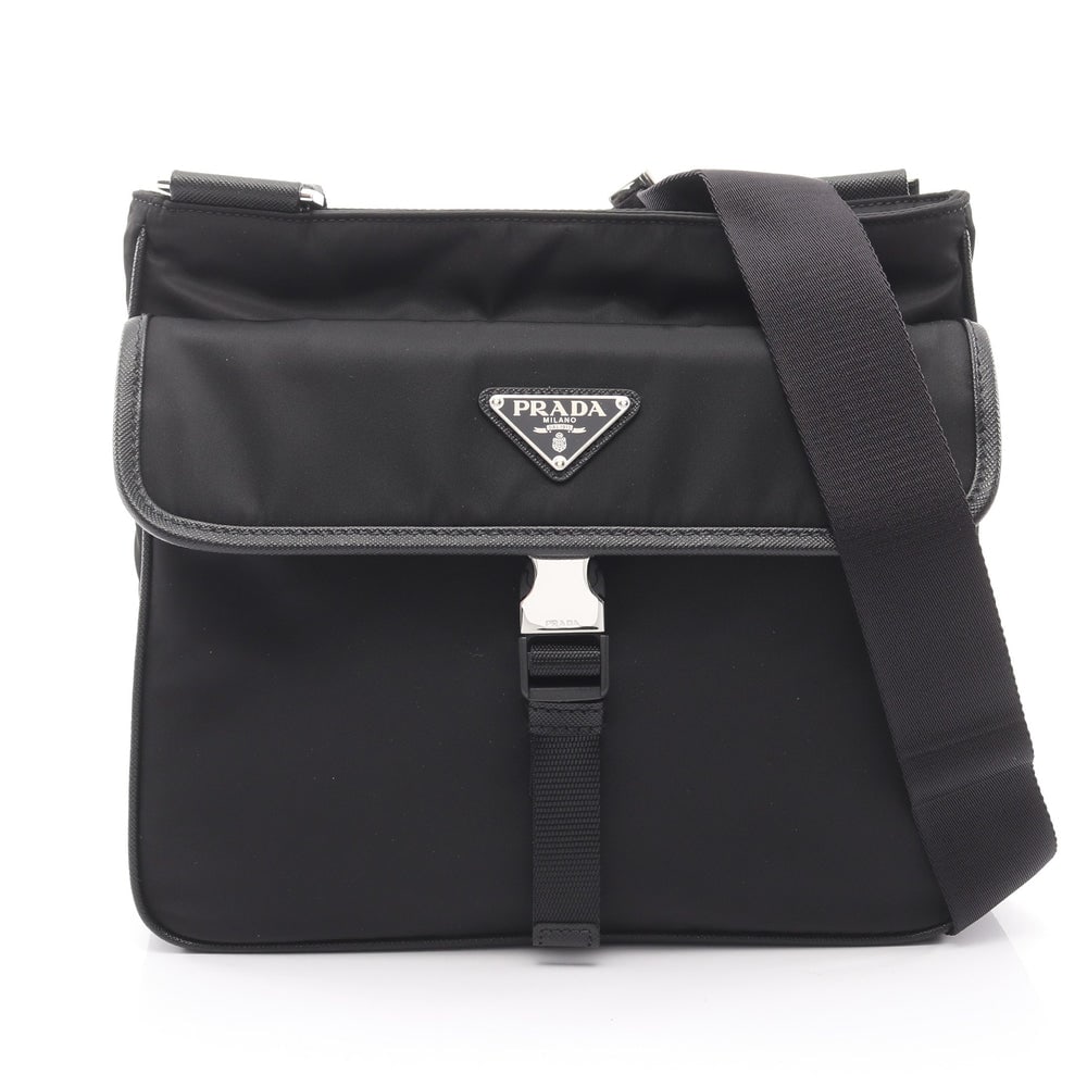 Prada Re-Nylon Shoulder Bag: Black nylon and saffiano leather shoulder bag; H24 x W26/26.5 x D3/4 cm; strap 74-133 cm. Authentic and authenticated.