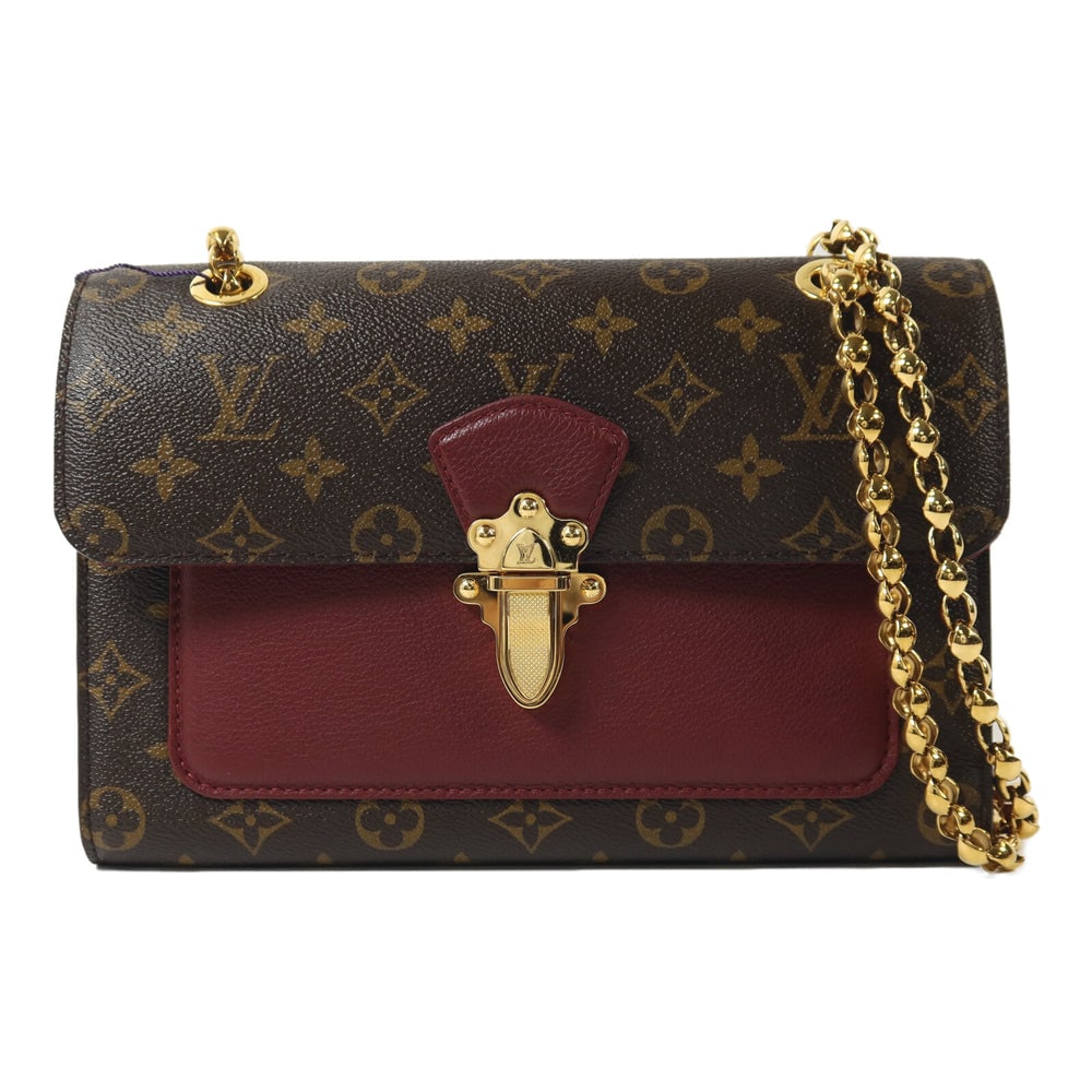 Louis Vuitton Victoire Chain Bag: Brown and burgundy monogram PVC coated canvas chain shoulder bag with GHW; includes storage bag; W26 x H18.5 x D8 cm. Authentic and authenticated.