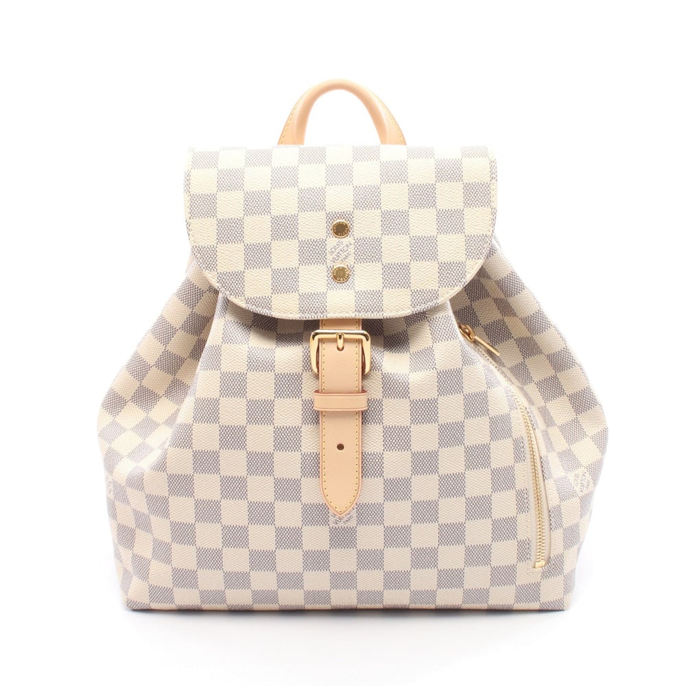 Louis Vuitton Speron Backpack: White Damier Azur PVC and leather backpack; H31 x W29 x D17 cm; handle 19 cm; strap 60-72 cm. Authentic and authenticated.