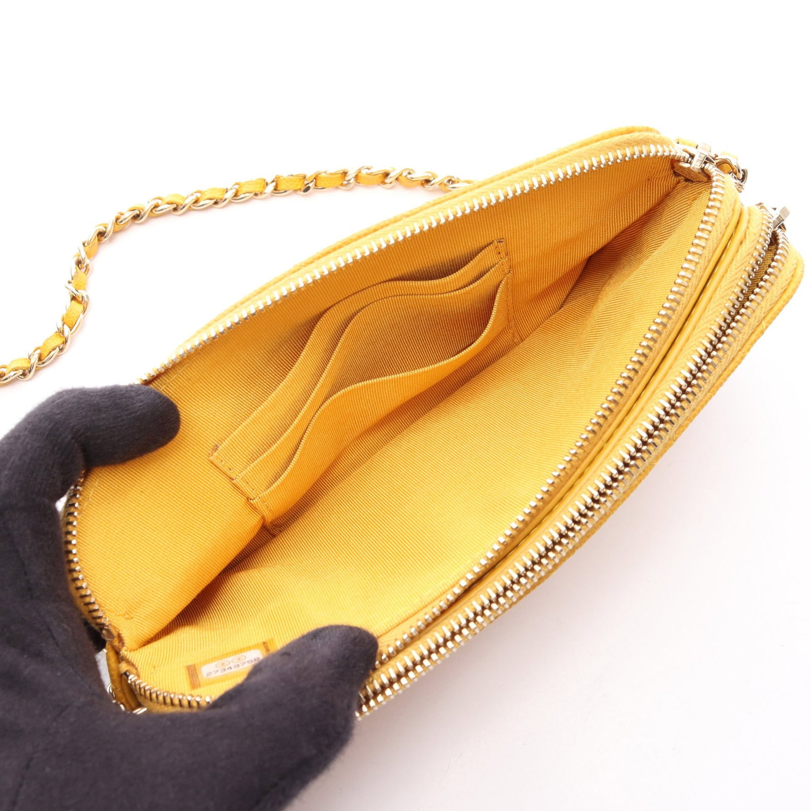 Chanel Chain Wallet Yellow: Yellow caviar skin chain wallet.