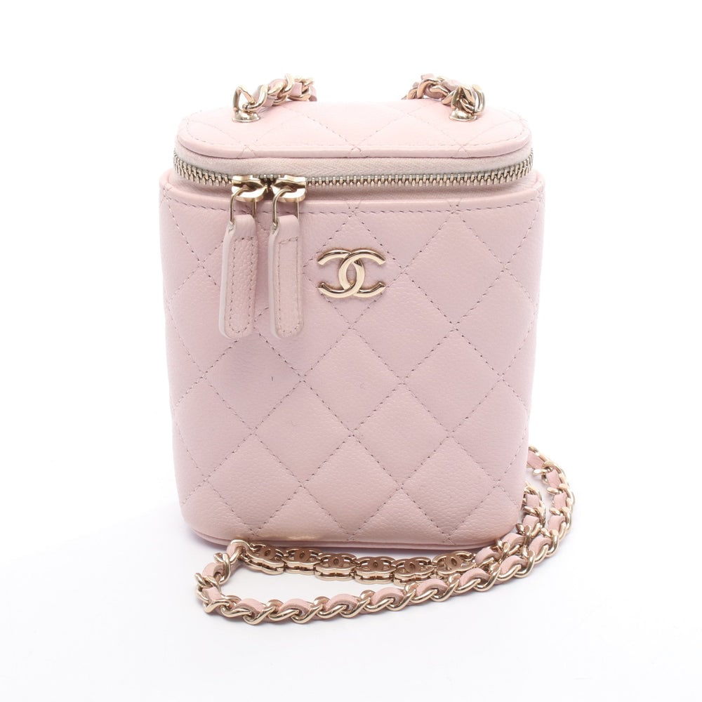 Chanel Light Pink Chain Bag: Light pink caviar skin chain shoulder bag with gold hardware; serial seal included; H13 x W10 x D4 cm; shoulder 118.5 cm. Authentic and authenticated.