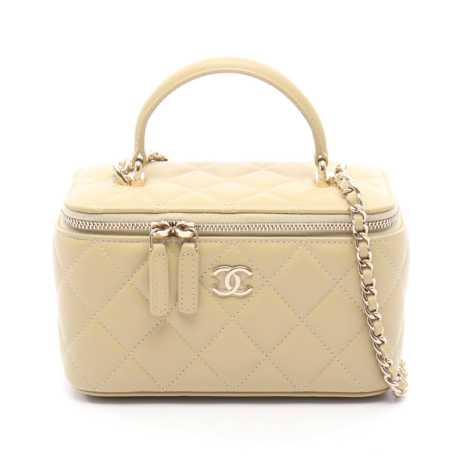 Chanel Vanity 2 Way Bag: Khaki beige lambskin vanity chain bag.