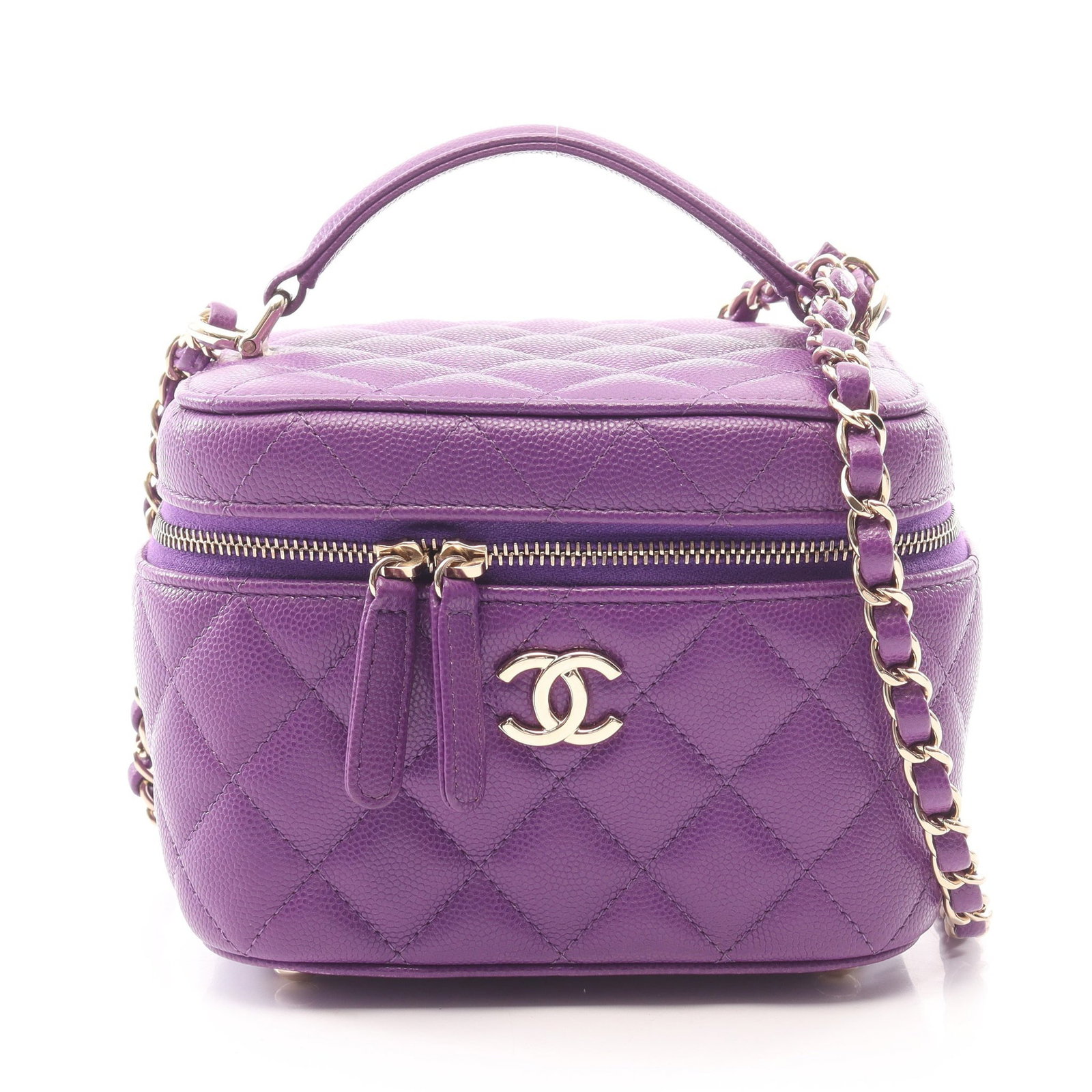 Chanel Vanity Bag 2-Way Purple: Purple caviar skin vanity bag with chain strap and top handle.