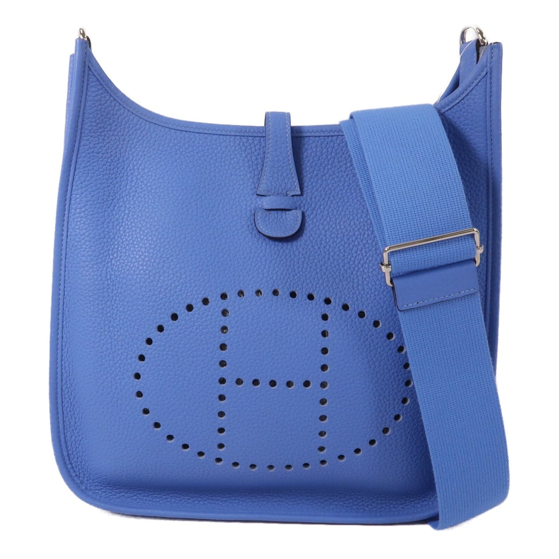 Hermes Evelyne PM Bleu Paradis: Bleu Paradis Taurillon Clemence leather shoulder bag with palladium-tone hardware.
