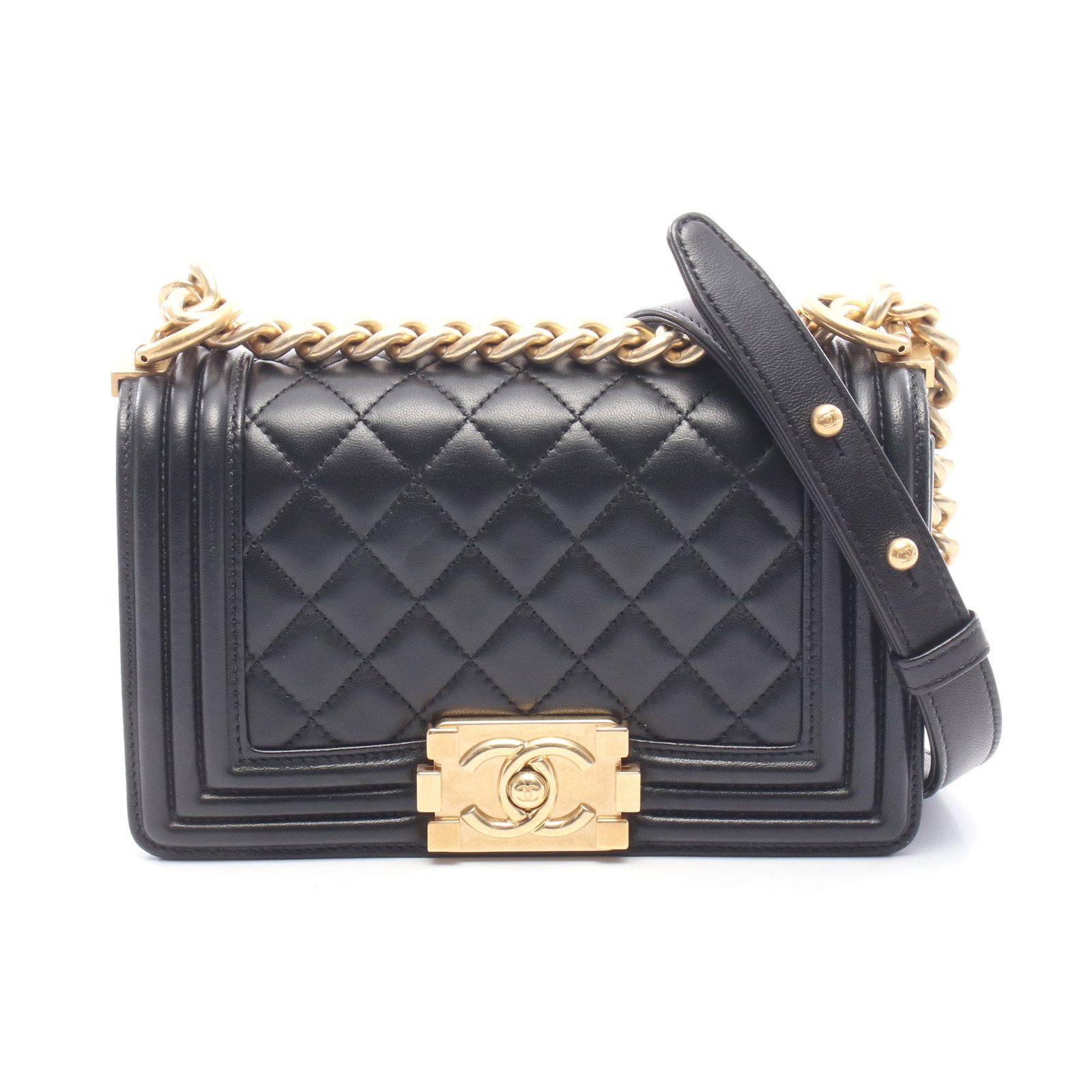 Chanel Boy Small Black: Black lambskin small Boy Chanel chain shoulder bag with gold-tone hardware.
