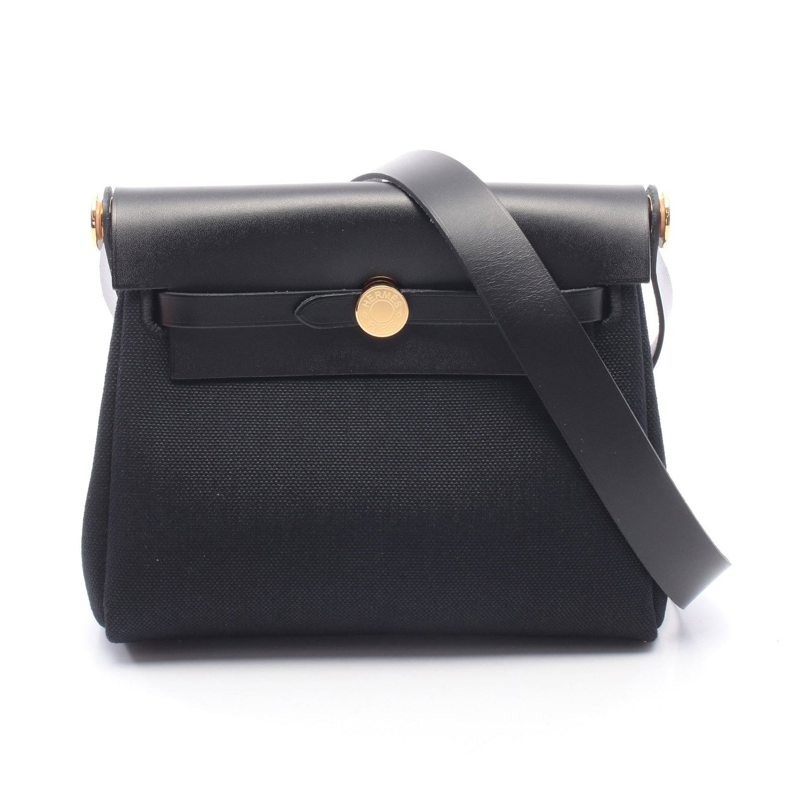 Hermes Herbag Zip Mini Black GHW: Black Toile Military and Vache Hunter shoulder bag with gold-tone hardware.