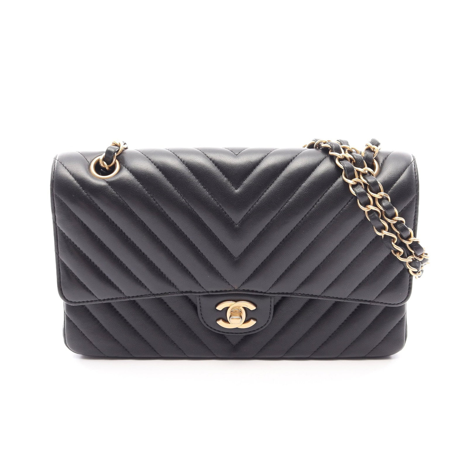 Chanel Chevron Double Flap Black: Black lambskin chevron double flap chain shoulder bag with gold-tone hardware.