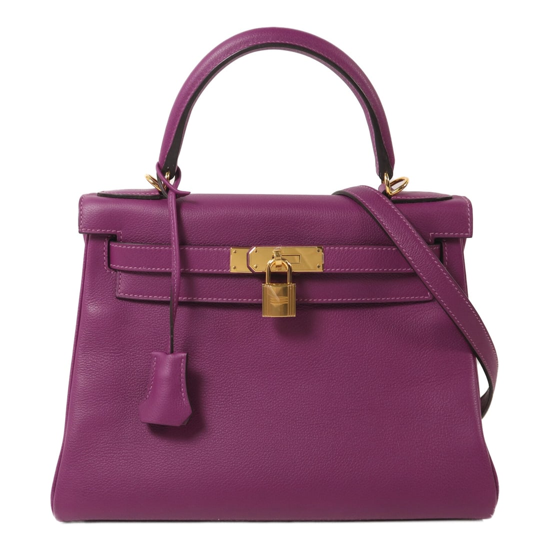 Hermes Kelly 28 Anemone: Anemone Evercolor leather 2-way shoulder bag with gold-tone hardware.