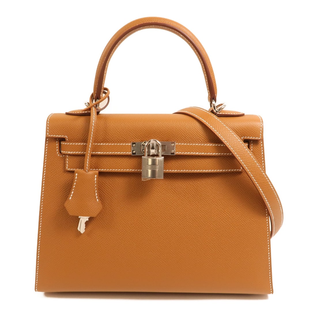 Hermes Kelly 25 Gold: Gold Epsom leather 2-way shoulder bag with palladium-tone hardware.