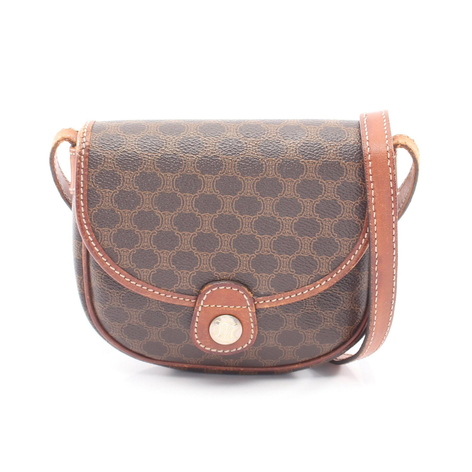 Celine Macadam PVC Leather Shoulder Bag: Authentic and authenticated Celine Macadam shoulder bag in dark brown/brown PVC and leather. Approx. 14H x 16W x 3D cm with 117-127 cm strap. No accessories listed.