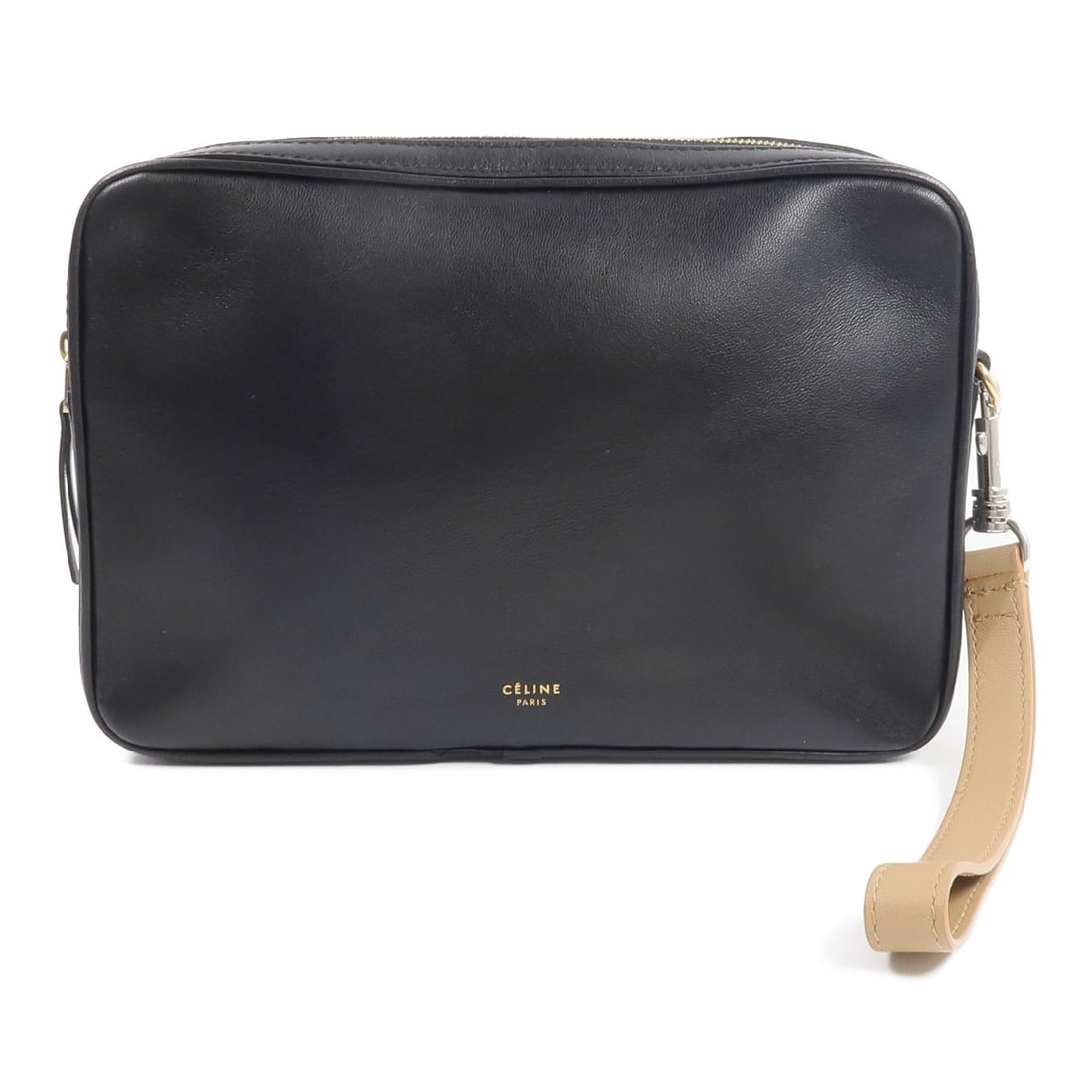 Celine Dragonne Calfskin Clutch Black: Authentic and authenticated Celine Dragonne pouch clutch bag in black/beige calfskin. Product no. S.SD.1111. Approx. 21W x 14H x 4D cm. Includes storage bags.