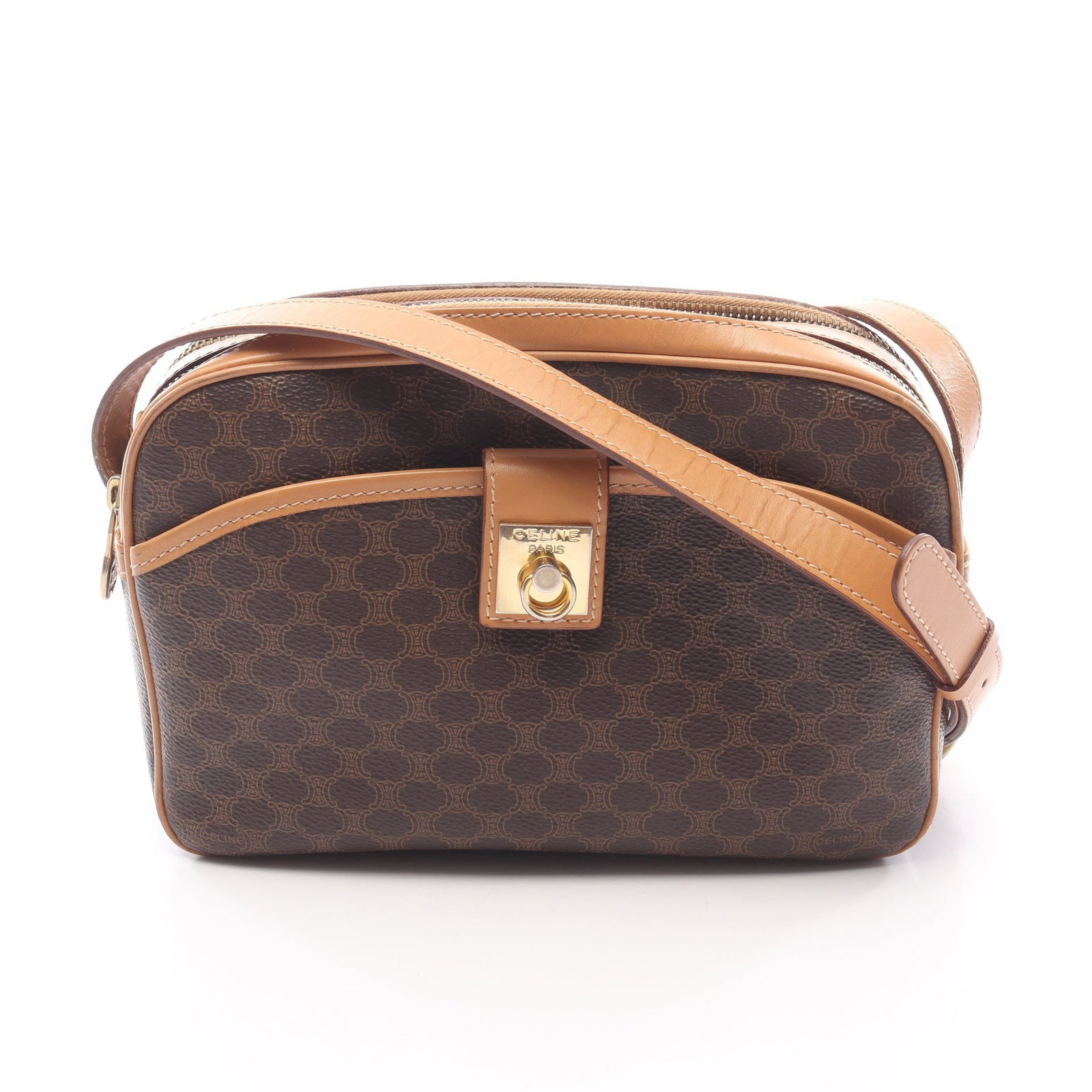 Celine Macadam PVC Leather Shoulder Bag: Authentic and authenticated Celine Macadam shoulder bag in dark brown/light brown PVC and leather. Approx. 16H x 23W x 7D cm with 118-128 cm strap. No accessories listed.