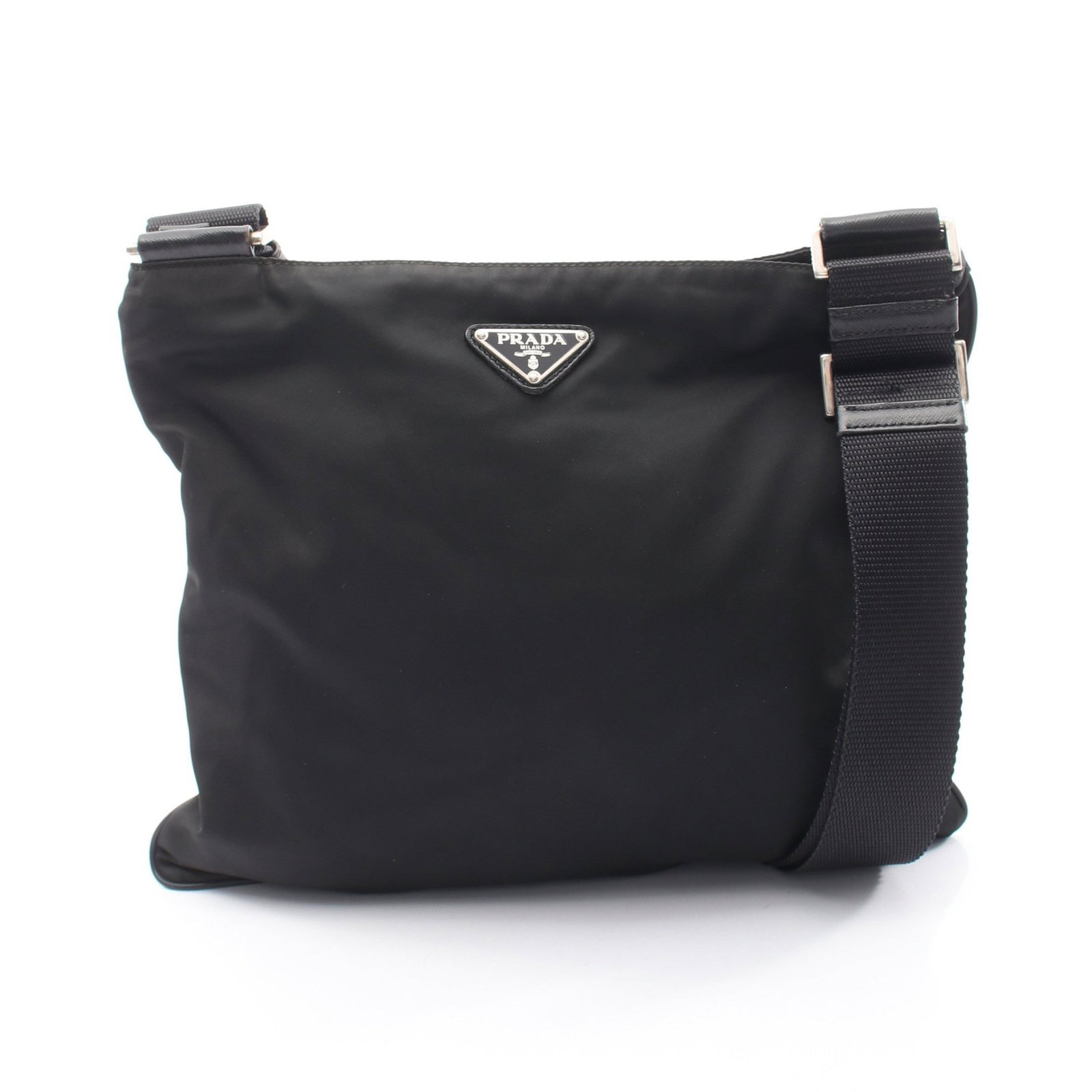 Prada Nylon Saffiano Shoulder Bag Black: Authentic and authenticated Prada triangle logo shoulder bag in black nylon and saffiano leather. Model VA0053. Approx. 26H x 28/29W x 1D cm with 71-130 cm strap. No accessories listed.