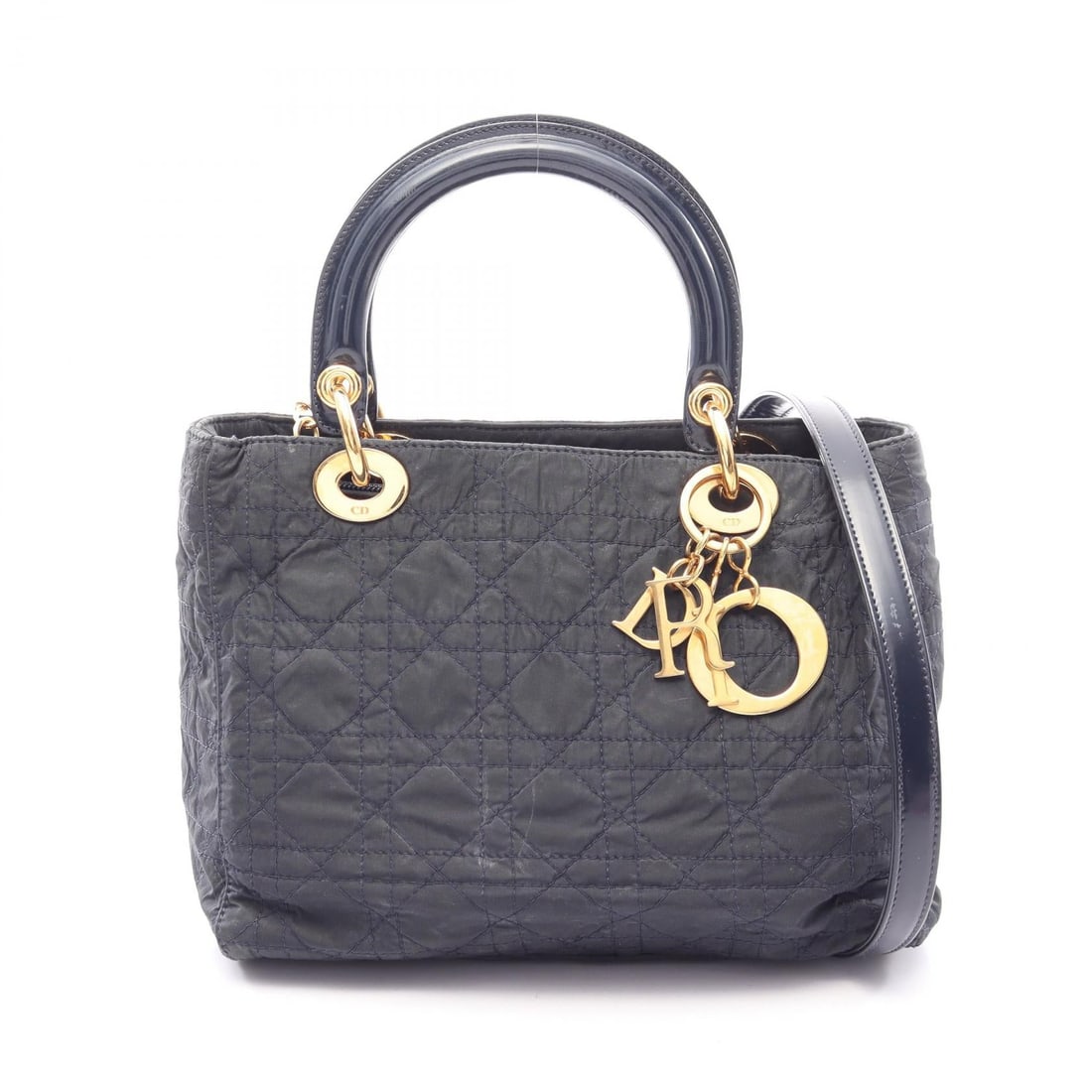 Dior Lady Dior 2WAY Handbag Navy: Authentic and authenticated Christian Dior Lady Dior Canage 2WAY handbag in dark navy nylon and patent leather. Approx. 20H x 24W x 11D cm with 33 cm handle and 91 cm shoulder strap. Includes