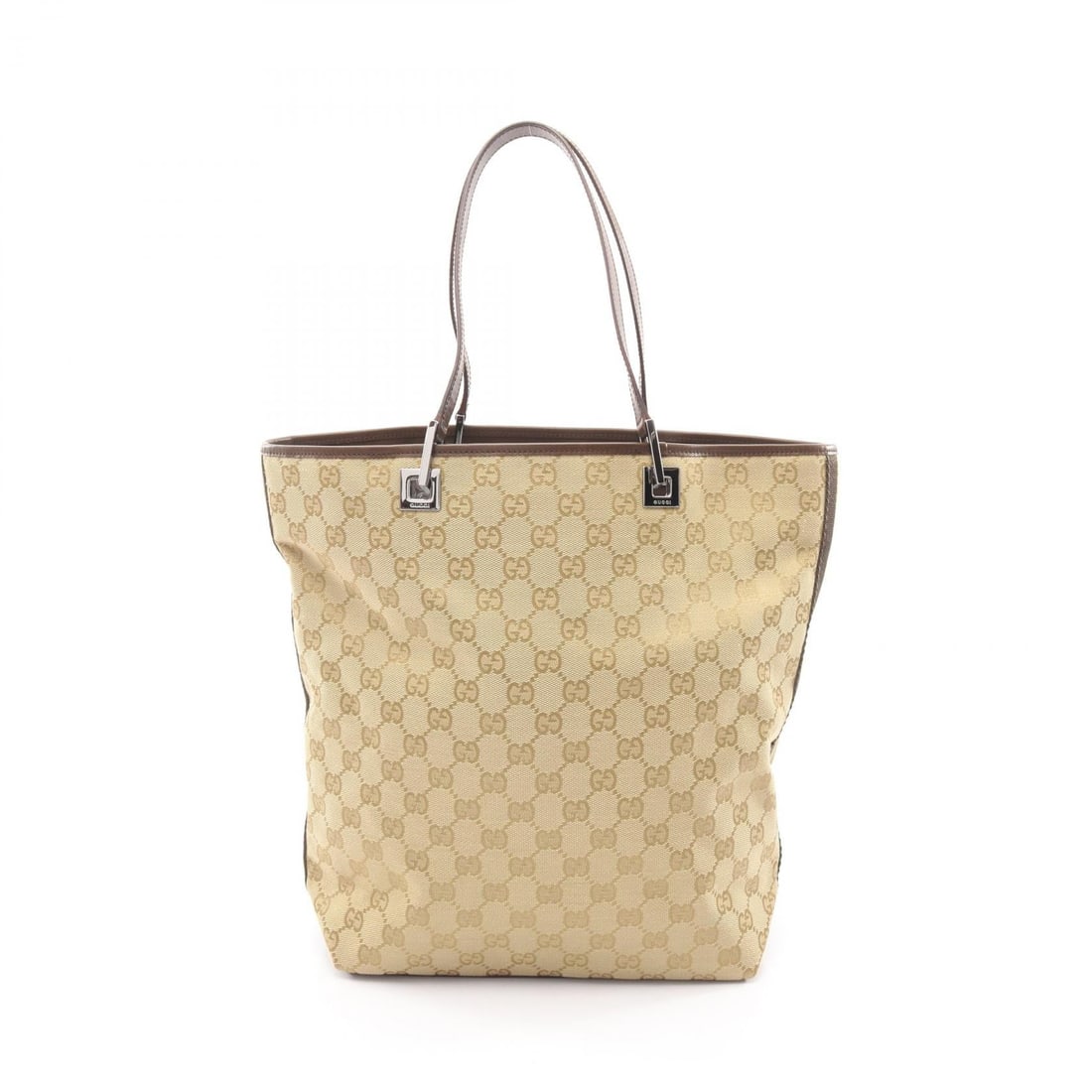 Gucci GG Canvas Beige Brown Tote: Authentic and authenticated Gucci GG canvas shoulder tote bag in beige/dark brown canvas and leather. Model 31243. Approx. 32H x 37/24W x 11D cm with 48 cm strap. No accessories listed.