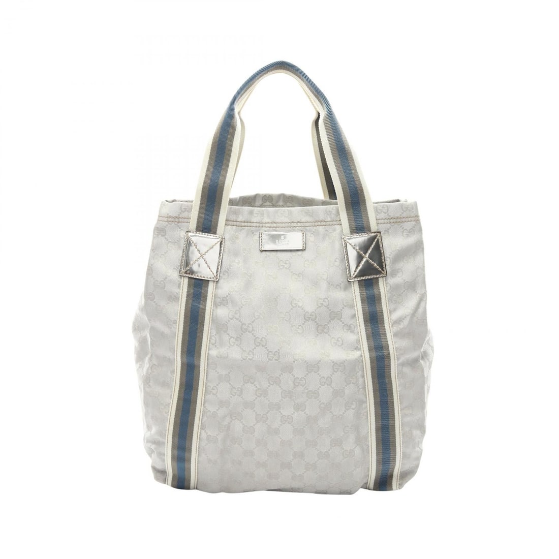 Gucci Sherry Line Canvas Tote Silver: Authentic and authenticated Gucci GG canvas Sherry line tote handbag in silver/multicolor canvas and leather. Model 189669. Approx. 37H x 43/33W x 12.5D cm with 46 cm handle. No accessories listed.