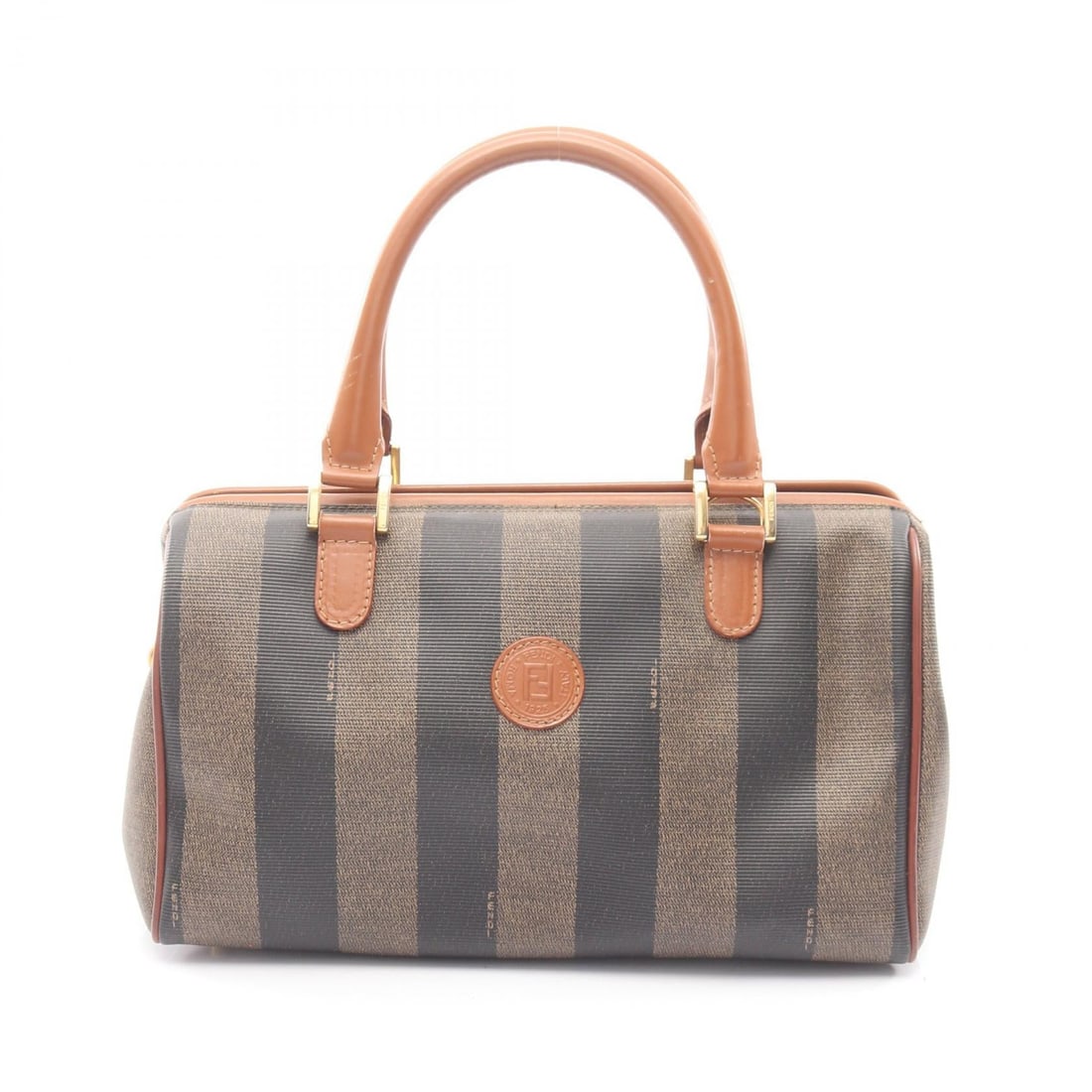 Fendi Pecan Mini Boston Handbag: Authentic and authenticated Fendi Pecan mini Boston handbag in black/brown PVC and leather. Model 259022. Approx. 15H x 27/27.5W x 14D cm with 36 cm handle. No accessories listed.