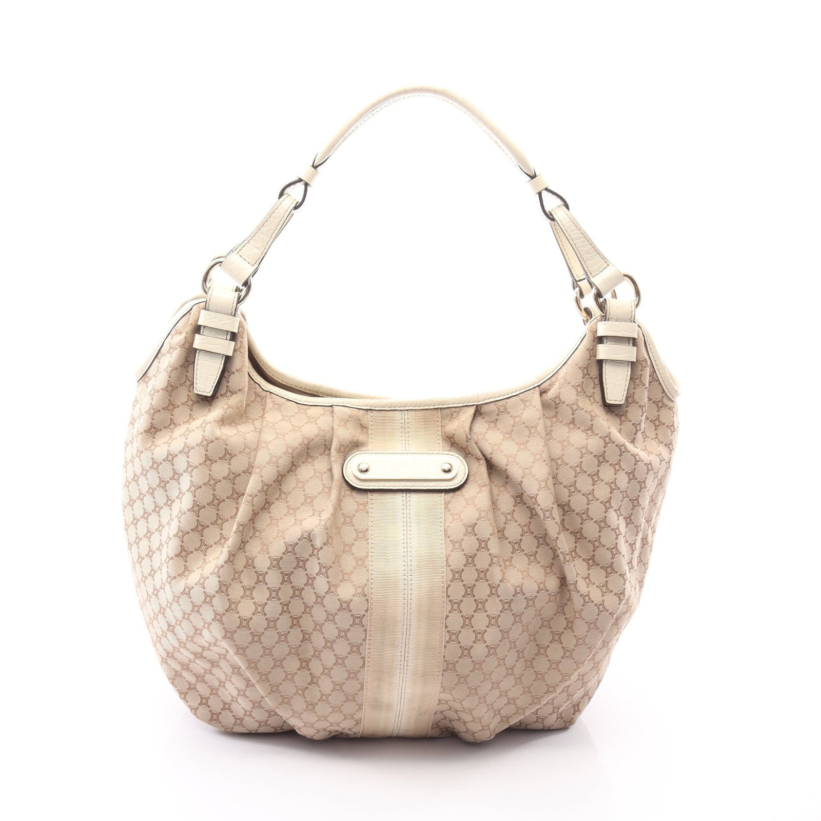 Celine Macadam One Shoulder Bag: Authentic and authenticated Celine Macadam one shoulder bag in beige/white canvas and leather. Approx. 28H x 37/26W x 13D cm with 41 cm strap and 22 cm max drop. No accessories listed.