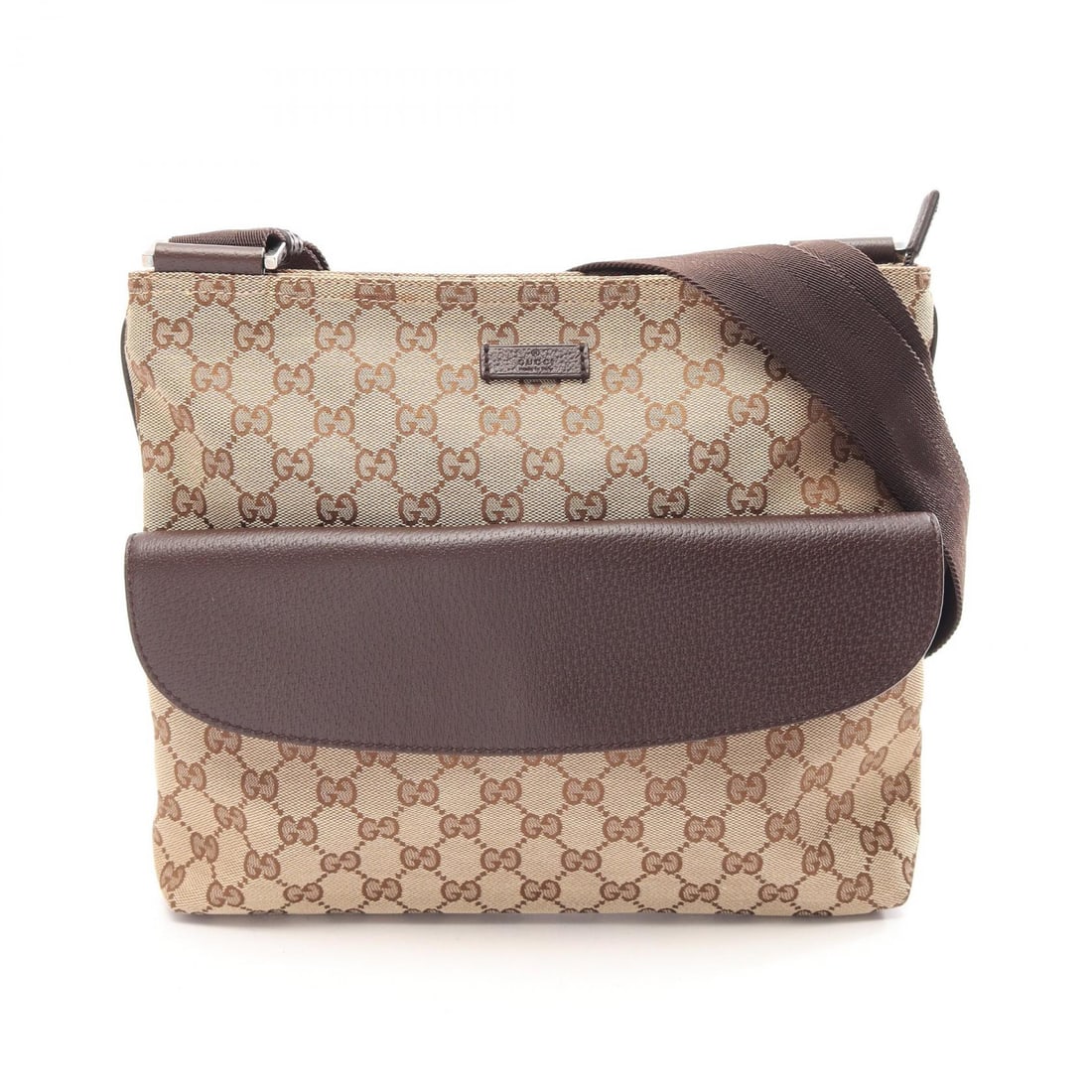 Gucci GG Canvas Shoulder Bag Beige: Authentic and authenticated Gucci GG canvas shoulder bag in beige/dark brown canvas and leather. Model 256100. Approx. 26.5H x 29.5/28.5W x 2.5D cm with 71.5-133.5 cm strap.