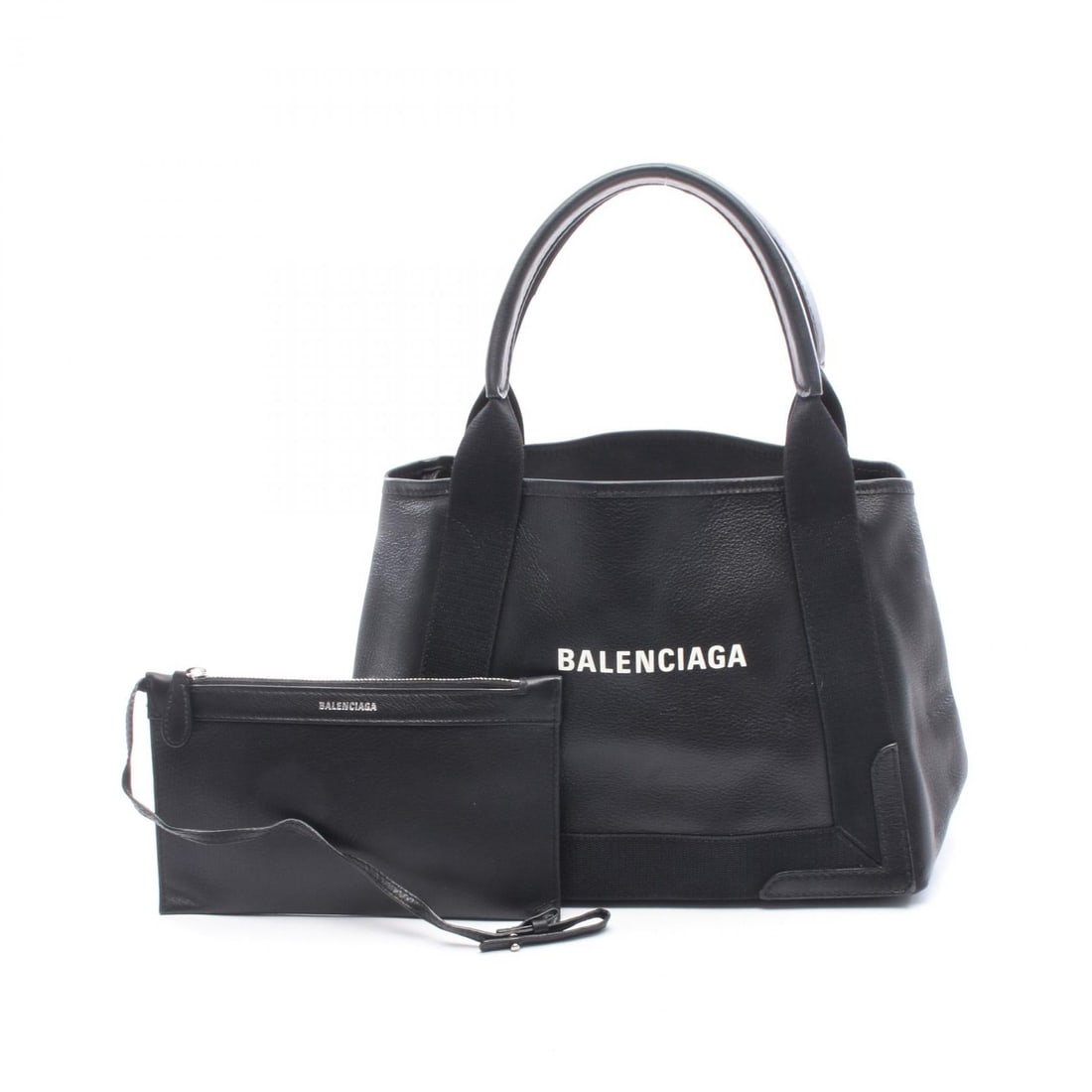 Balenciaga Navy Cabas S Leather Tote: Authentic and authenticated Balenciaga Navy Cabas S tote handbag in black leather. Model 339933. Approx. 22H x 32/30W x 18D cm with 45 cm handle. Includes pouch.