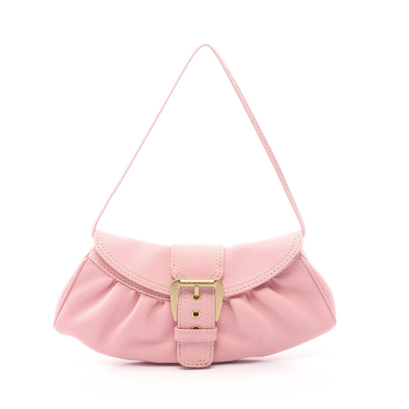 Celine Pink Leather Handbag: Authentic and authenticated Celine handbag in pink leather. Approx. 13H x 21/29W x 2D cm with 47 cm handle. No accessories listed.