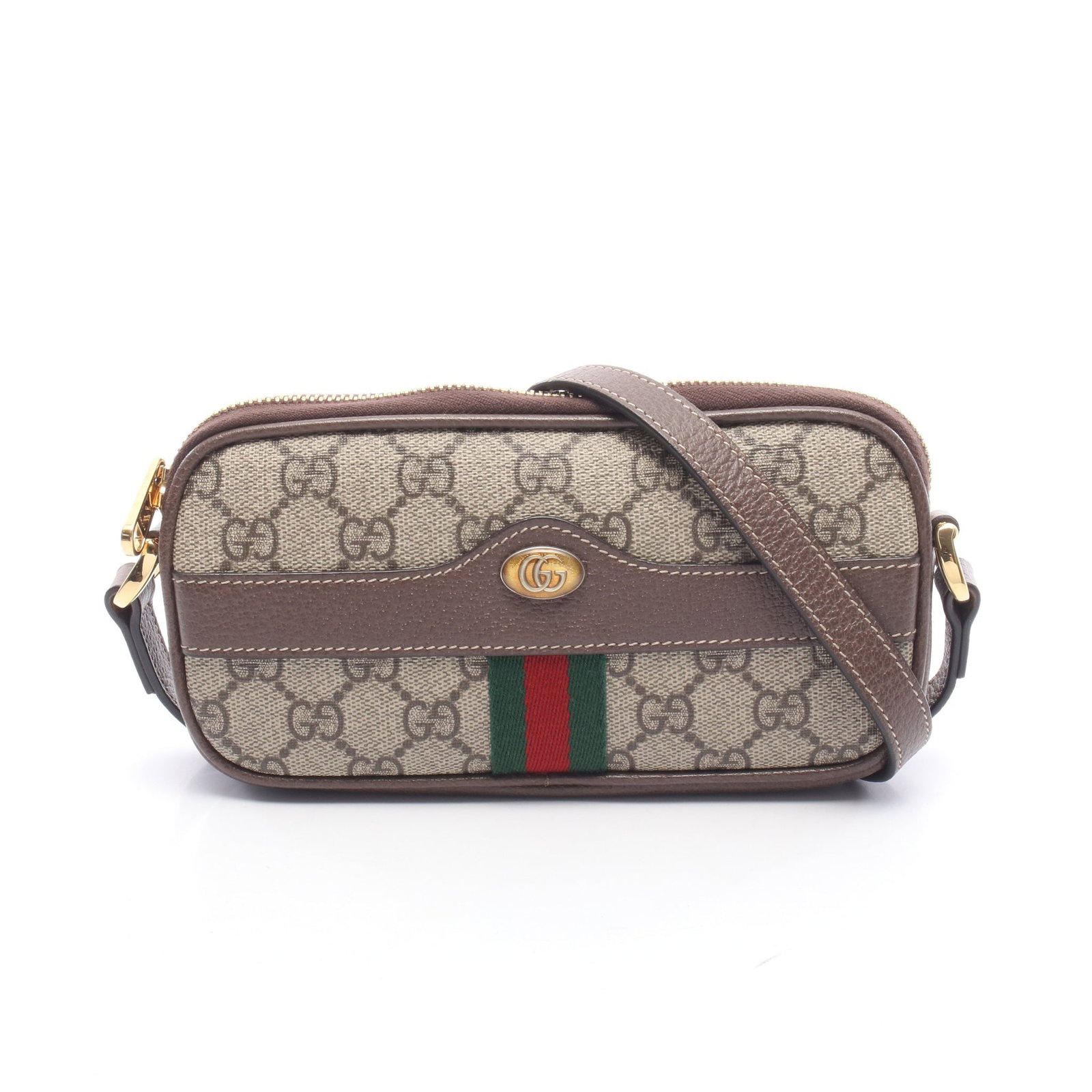 Gucci Ophidia GG Supreme Mini Bag: Authentic and authenticated Gucci Ophidia GG Supreme Sherry line shoulder bag in beige/dark brown PVC and leather. Model 598664. Approx. 10H x 19W x 2D cm with 123-148 cm strap.