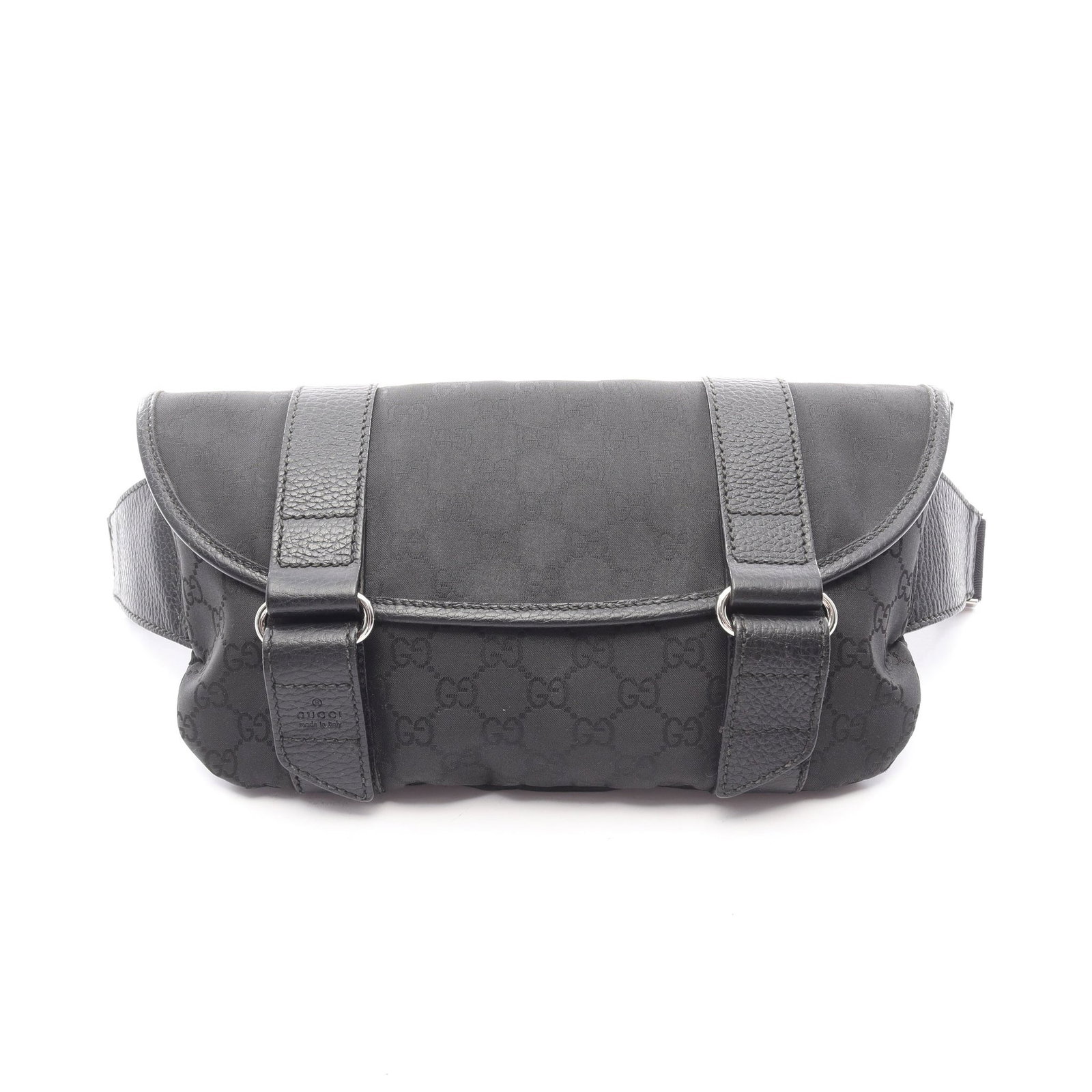 Gucci GG Nylon Waist Body Bag Black: Authentic and authenticated Gucci GG pattern body waist bag in black nylon and leather. Model 374617. Approx. 17H x 29/26W x 2.5D cm with 44-78 cm strap. No accessories listed.