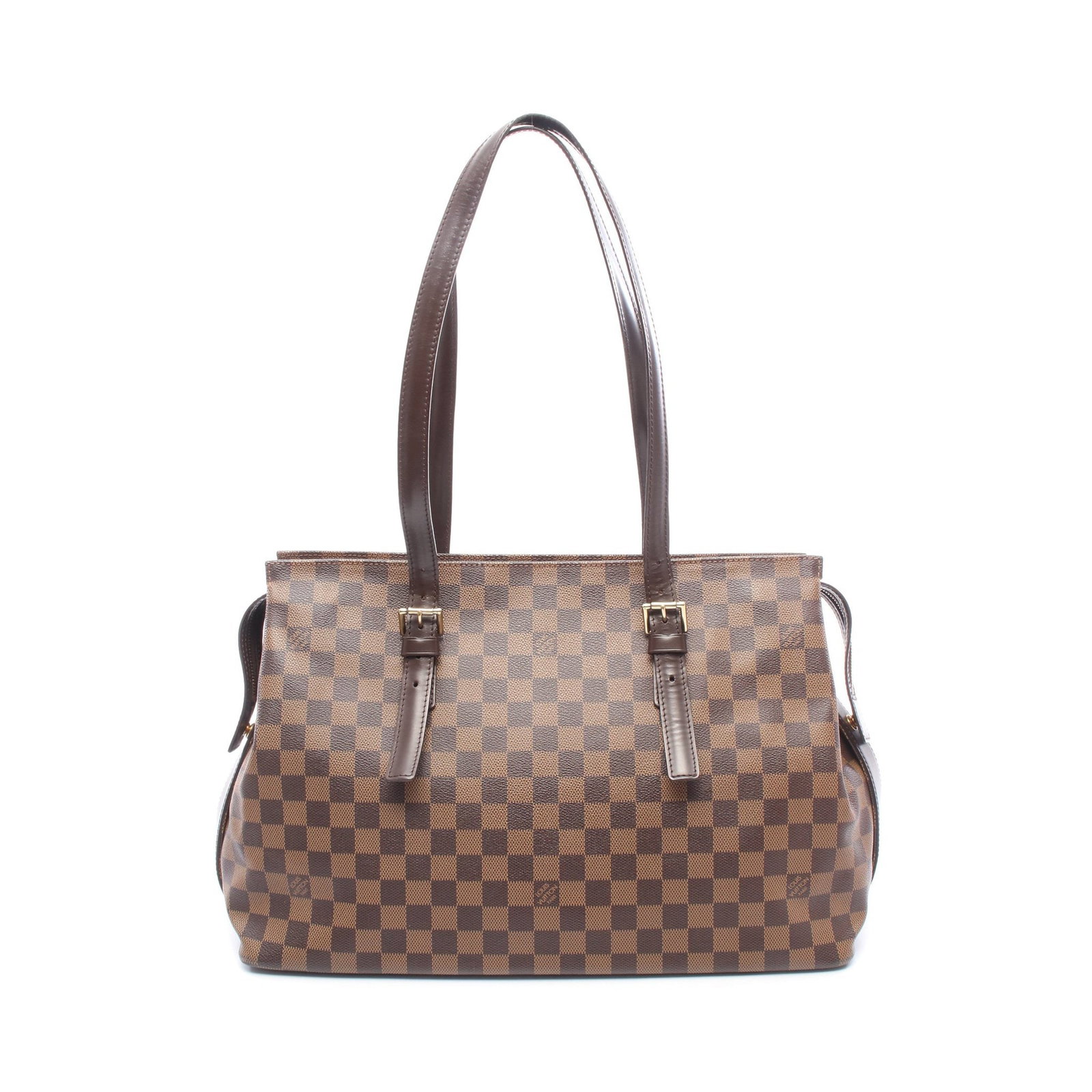 LV Chelsea Damier Ebene Tote Bag: Authentic and authenticated Louis Vuitton Chelsea Damier Ebene shoulder tote bag in brown PVC and leather. Model N51119, product no. TH0012. Approx. 28H x 37/40W x 14D cm with 66-82 cm strap.