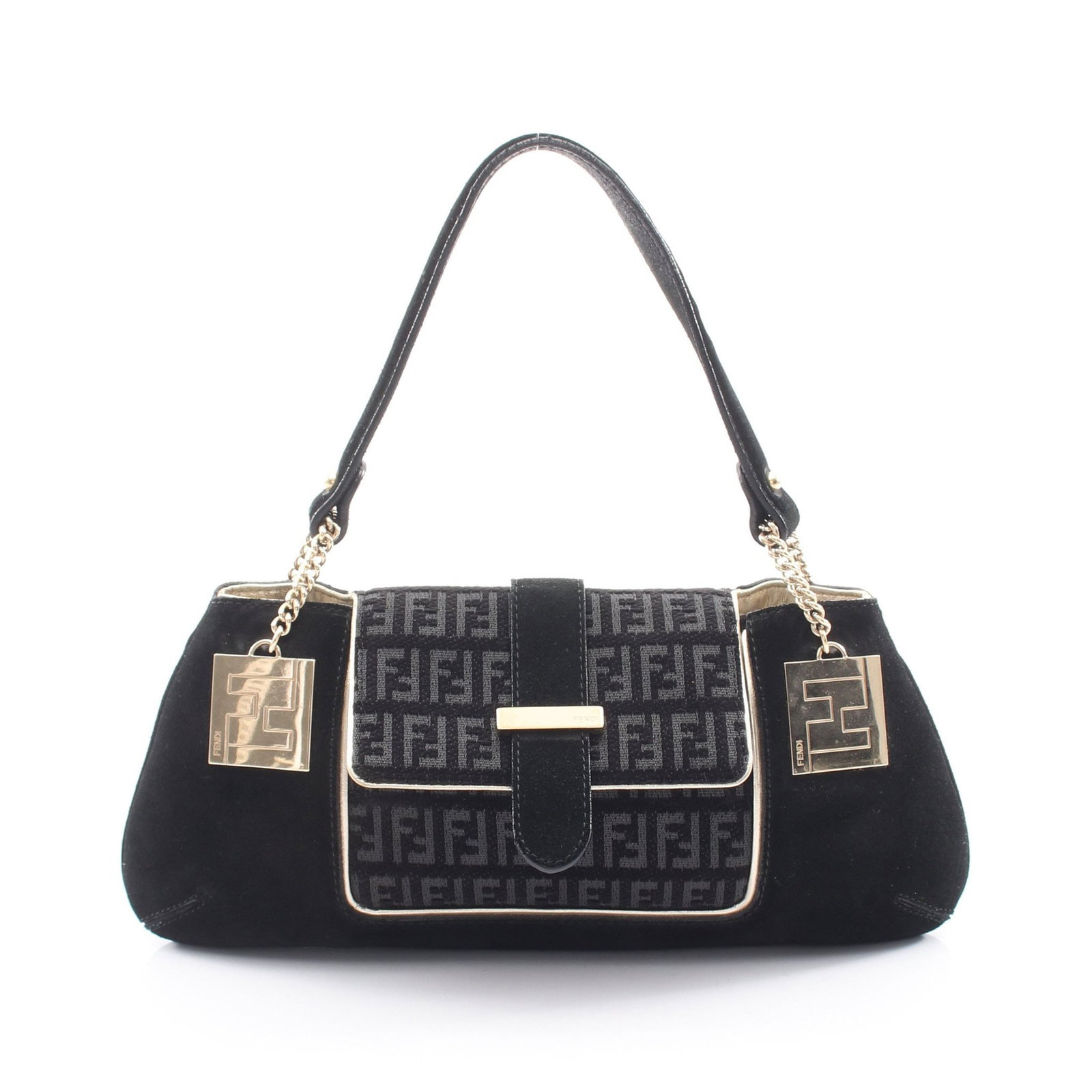 Fendi Zucchino Suede Handbag Black: Authentic and authenticated Fendi Zucchino handbag in black suede. Model 8BR406. Approx. 15H x 23/31W x 4D cm with 37 cm handle. No accessories listed.