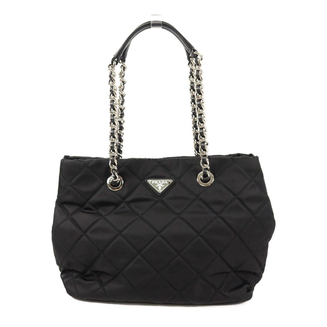 Prada Nylon Chain Shoulder Bag: Authentic and authenticated Prada chain shoulder bag in black nylon. Product no. 158. Approx. 29W x 22.5H x 17D cm with 50 cm shoulder. Includes storage bags and guarantee.