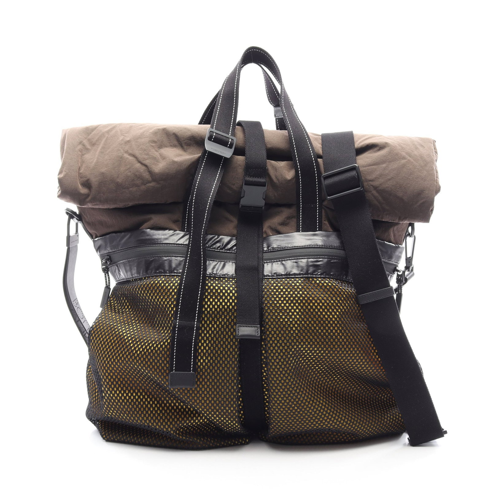 Bottega Nylon 2WAY Tote Brown: Authentic and authenticated Bottega Veneta 2WAY tote handbag in dark brown/black/yellow nylon. Model 573062. Approx. 48H x 46/37W x 15D cm with 93-144 cm strap. Includes shoulder strap and charm.