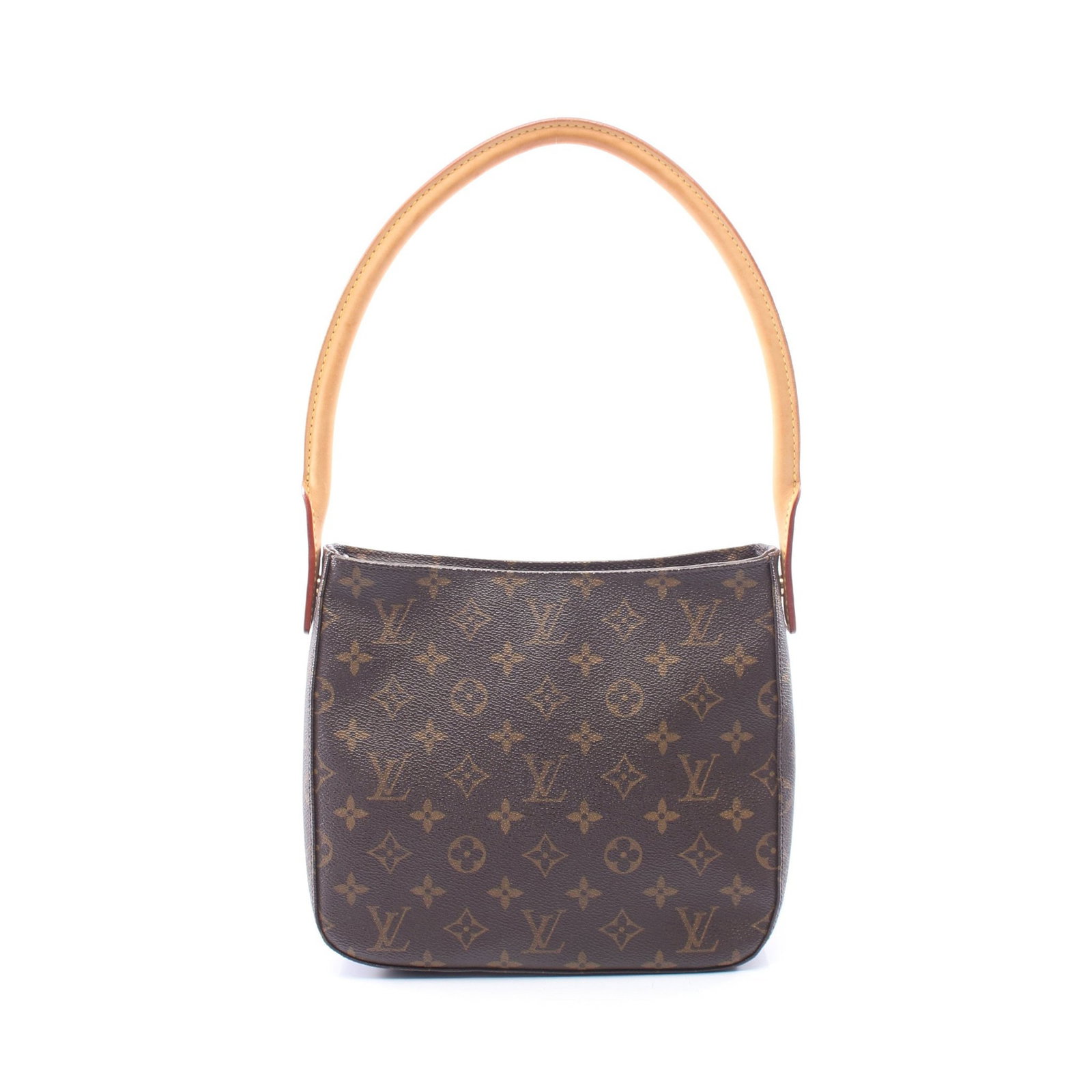 LV Looping MM Monogram Shoulder Bag: Authentic and authenticated Louis Vuitton Looping MM Monogram shoulder bag in brown PVC and leather. Model M51146, product no. FL0053. Approx. 21H x 23/24W x 10D cm with 55 cm strap.